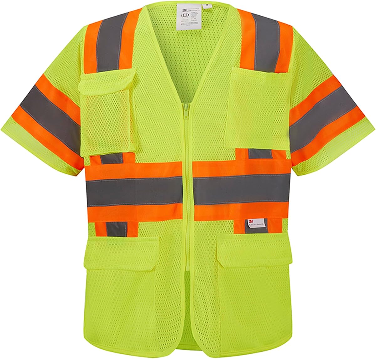 SV5300, ANSI/ISEA Class 3, High Vis Mesh Safety Vest, 3M Reflective w/Orange binding, 7 Pockets, Neon Green