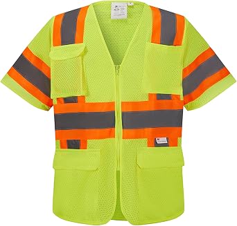 SV5300, ANSI/ISEA Class 3, High Vis Mesh Safety Vest, 3M Reflective w/Orange binding, 7 Pockets, Neon Green