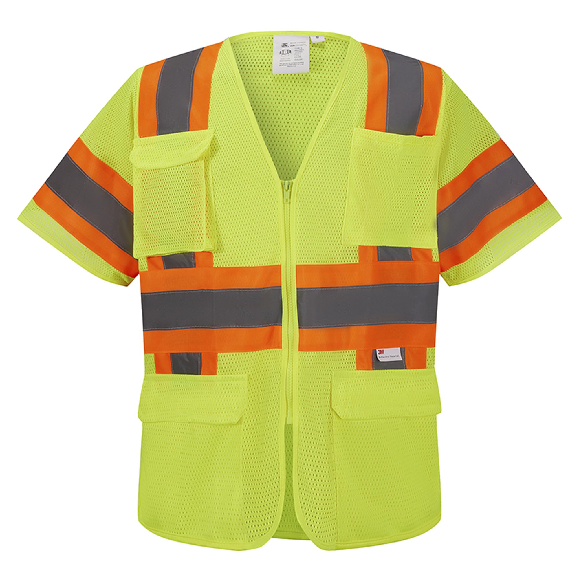 3C Products SV5300, ANSI/ISEA Class 3, High Vis Mesh Safety Vest, 3M Reflective w/Orange binding, 7 Pockets, Neon Green