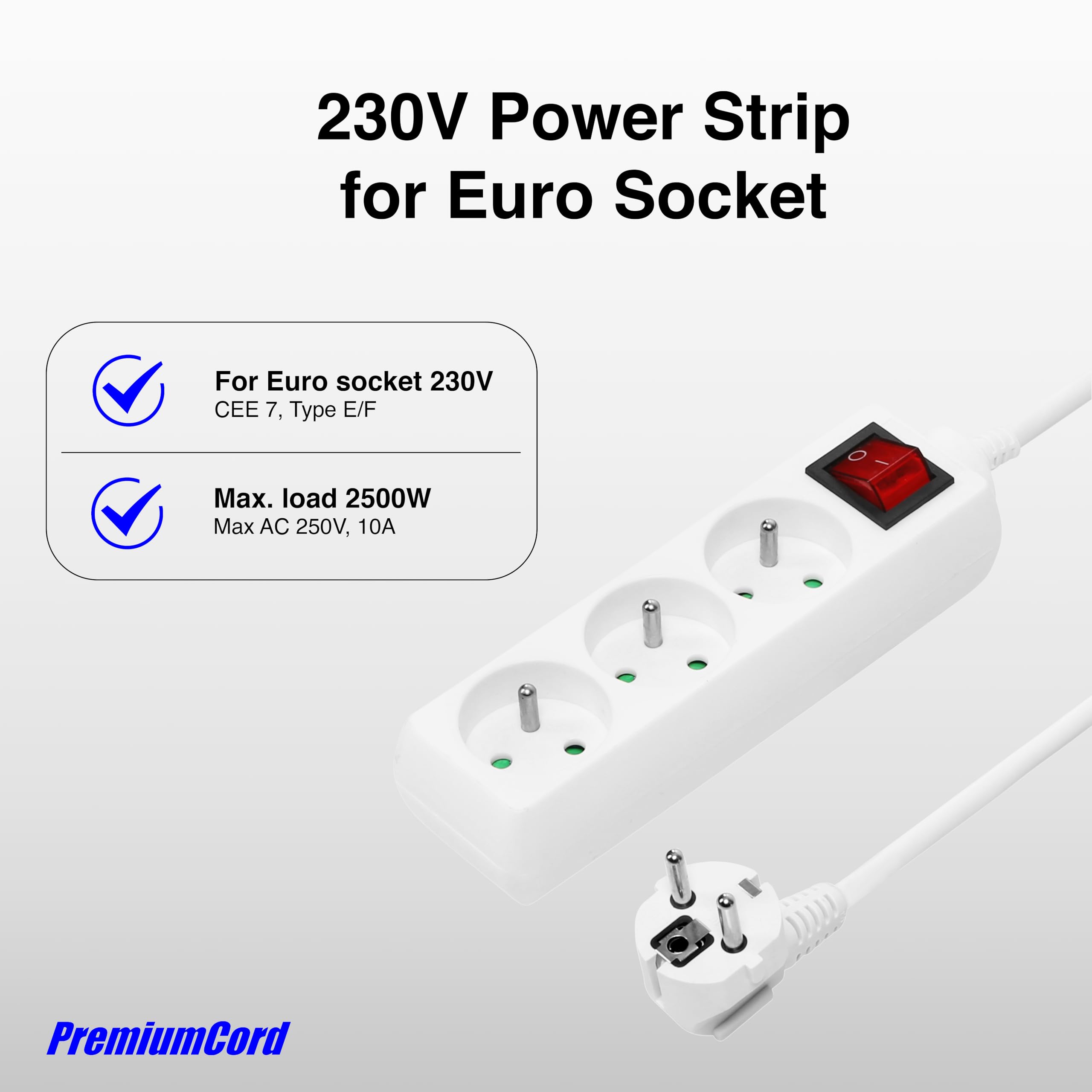 PremiumCord Listwa Zasilająca 2m z Wyłącznikiem Sieciowym, 3-Stykowa, Przedłużacz 230V, 3 Gniazd Francuskich Obróconych o 45°, Wysokiej Jakości Gniazdka z Zabezpieczeniem Przed Dziećmi, Kolor Biały