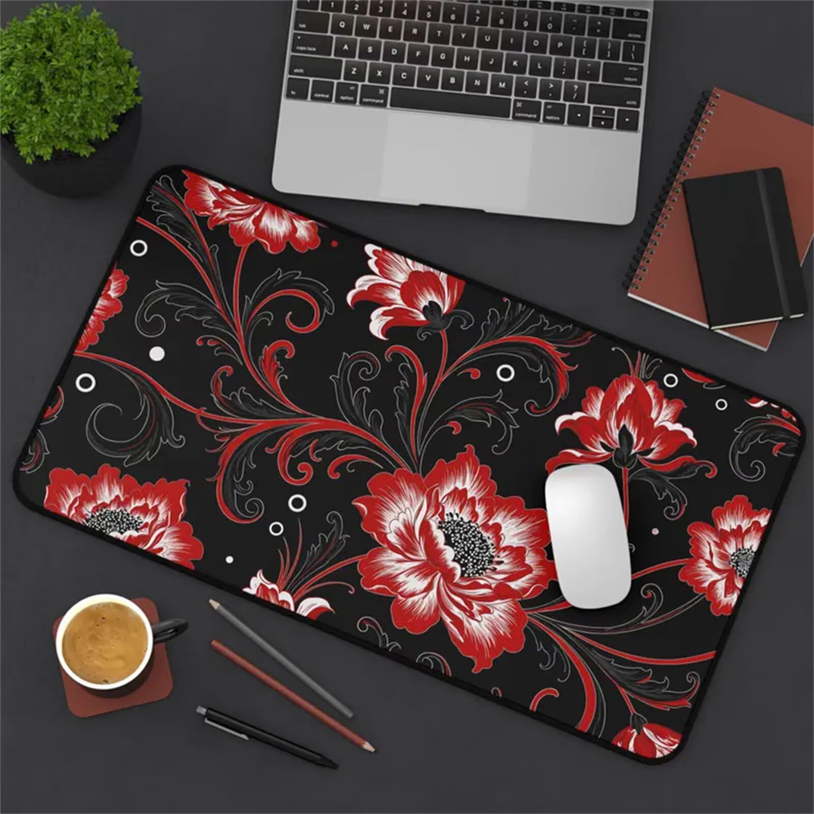 Podkładka na biurko, Black Red Peonies Long Computer Keyboard Mousepad Mouse Mat Washable with Slip Rubber Base(3mm,900x400x2mm)