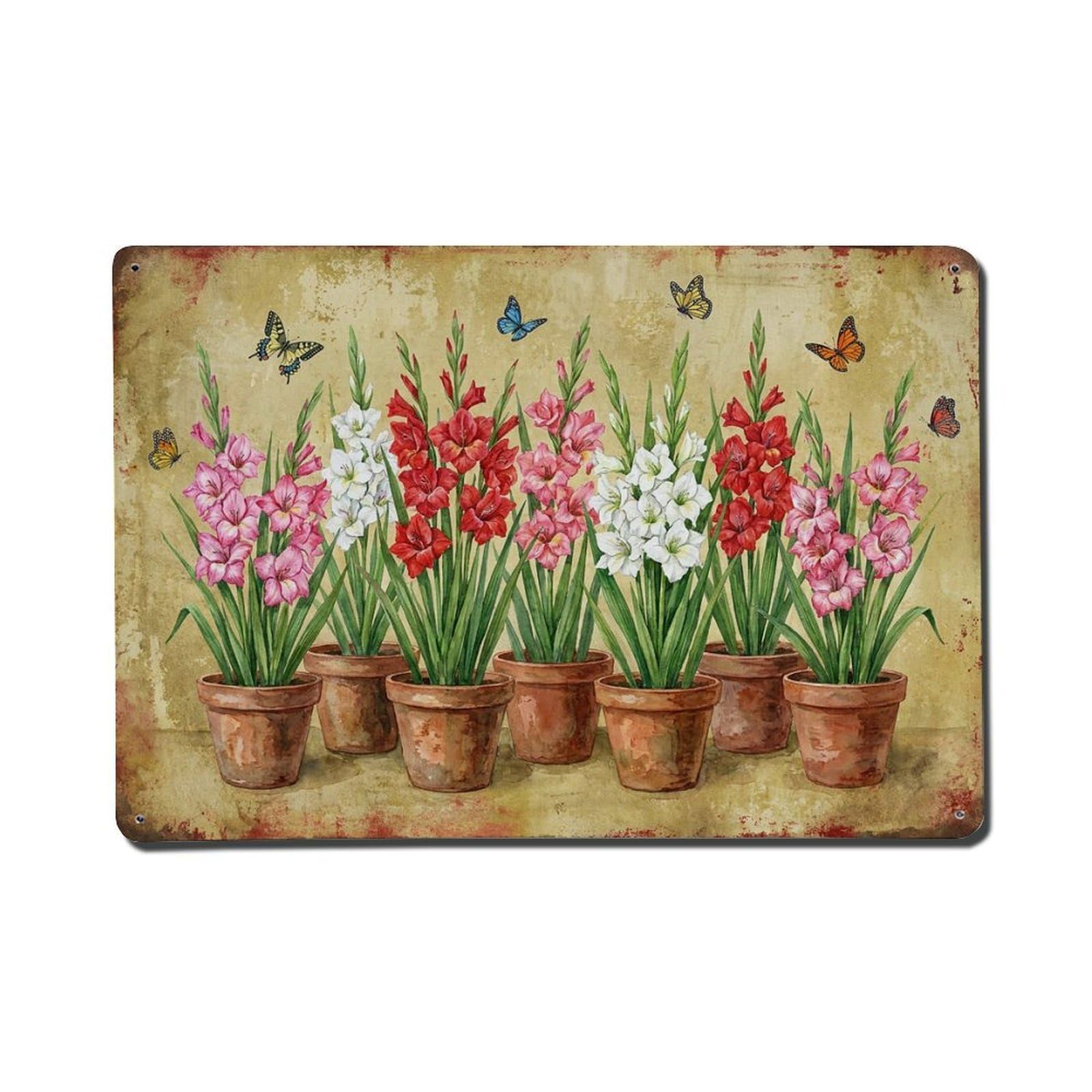 Vintage Rustic Flower Potted Plants Gladiolus Metal Tin Sign