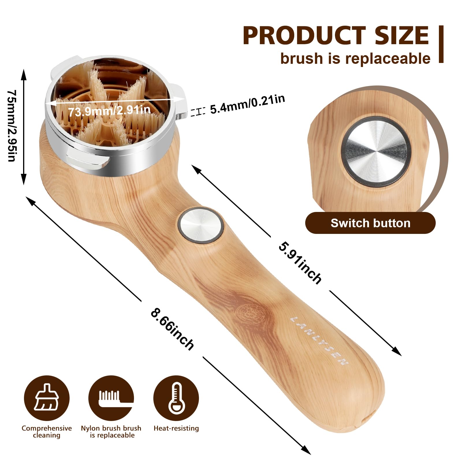 Cepillo de limpieza para máquina de café espresso, color grano de madera, cepillo de limpieza eléctrico, limpieza de 360°, limpieza totalmente cerrada, máquina espresso, cerdas de limpieza eléctrica