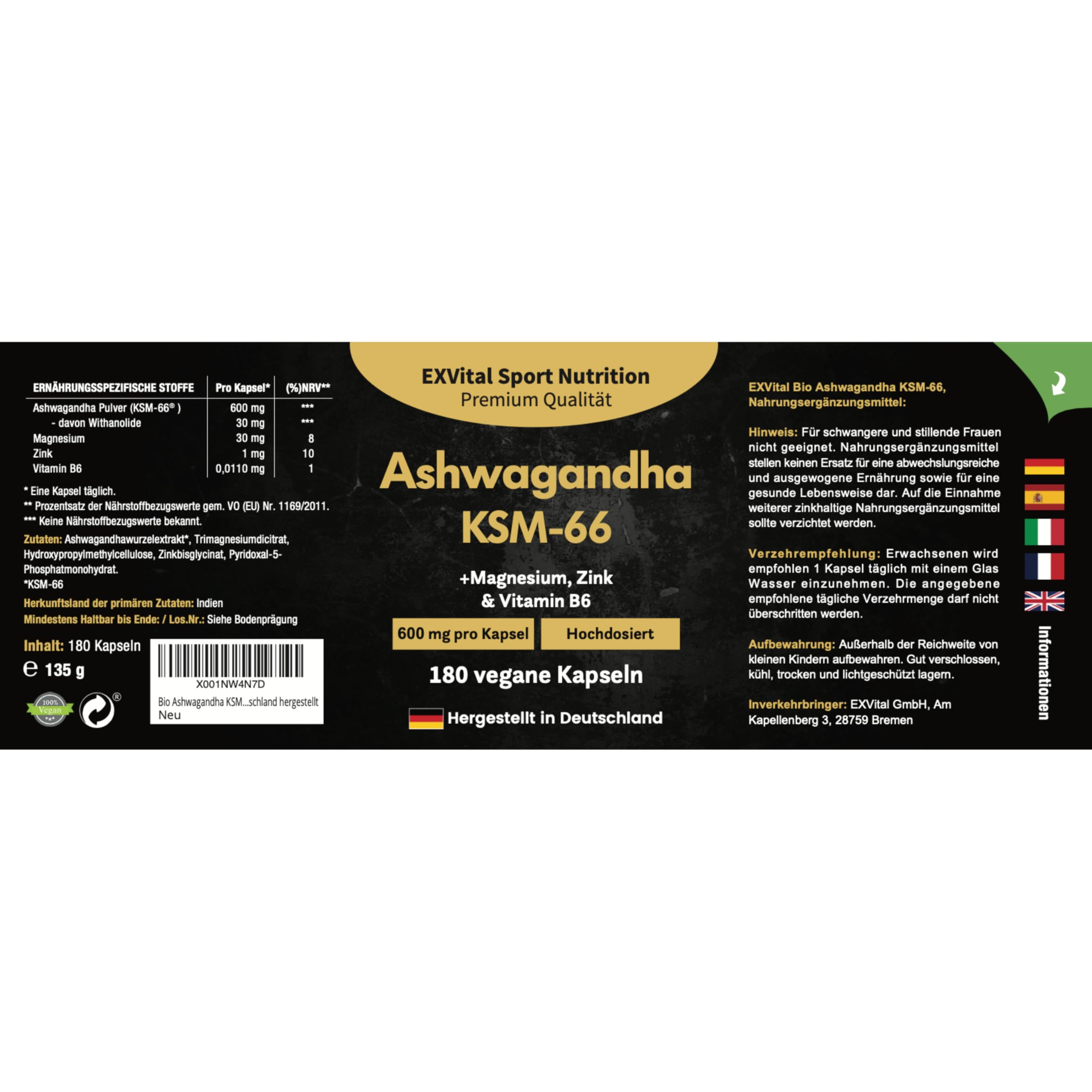Ashwagandha KSM-66, Materia prima premium, 600 mg por día, 180 cápsulas (para 3 meses), probado en laboratorio, vegano, altamente dosificado y fabricado en Alemania