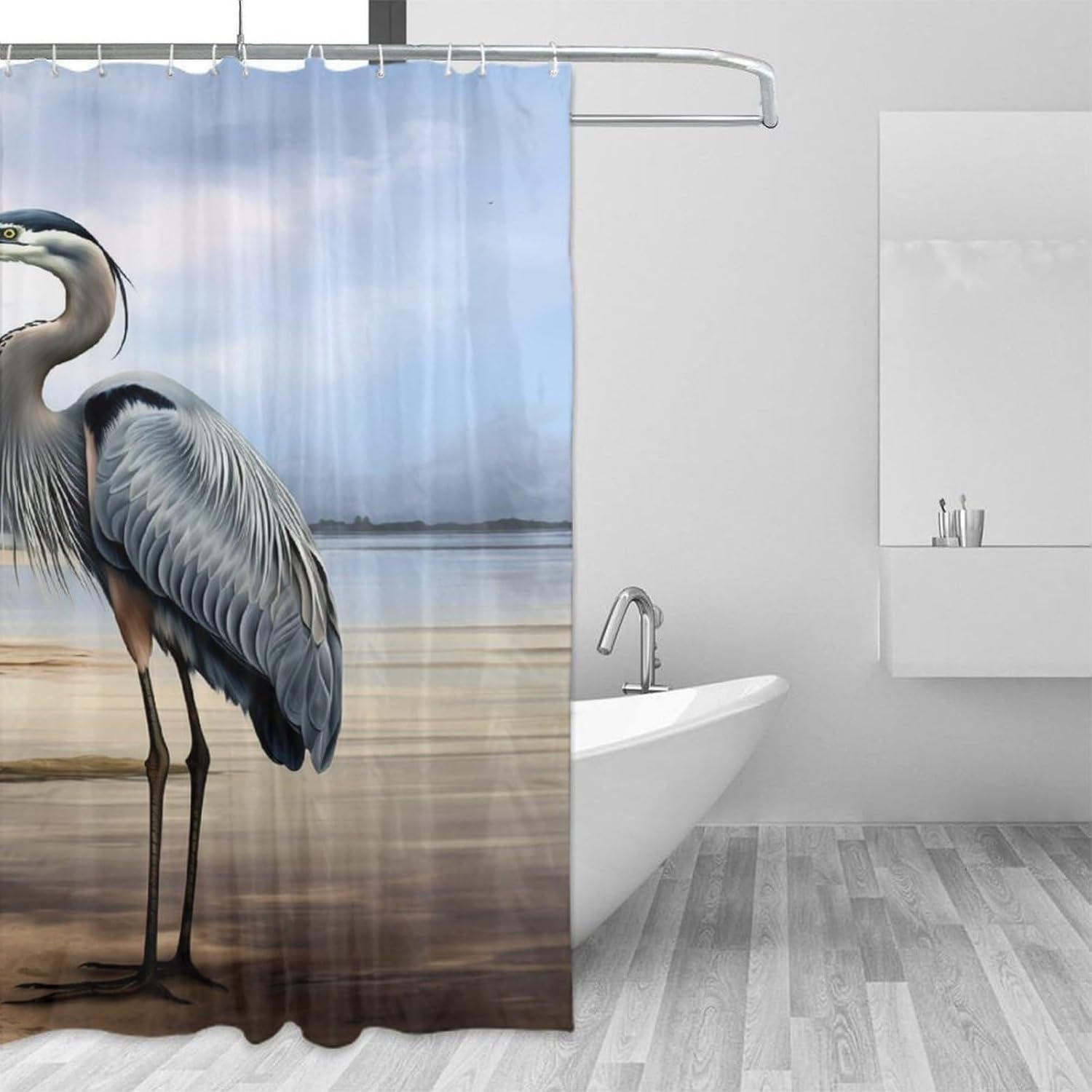 Beach Blue Heron Shower Curtain, Rustic Ocean Coastal Bird Waterproof Bath Curtains, Polyester Fabric Bathtub Curtain for Bathroom Decor 66x72Inch(168x183cm)