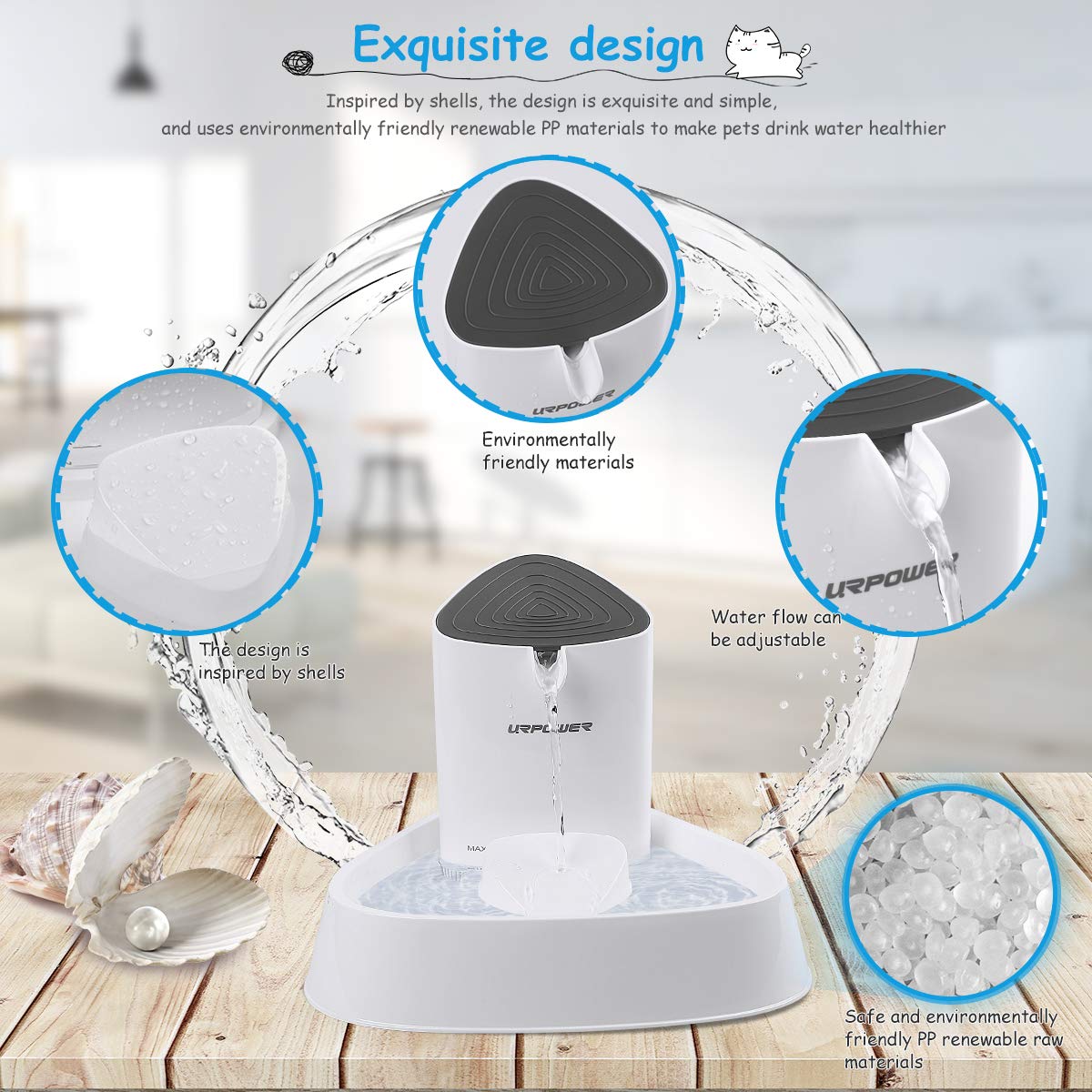 URPOWER Pet Fountain, Upgraded Automatic Cat Fountain Dog Water Fountain Cat Water Dispenser