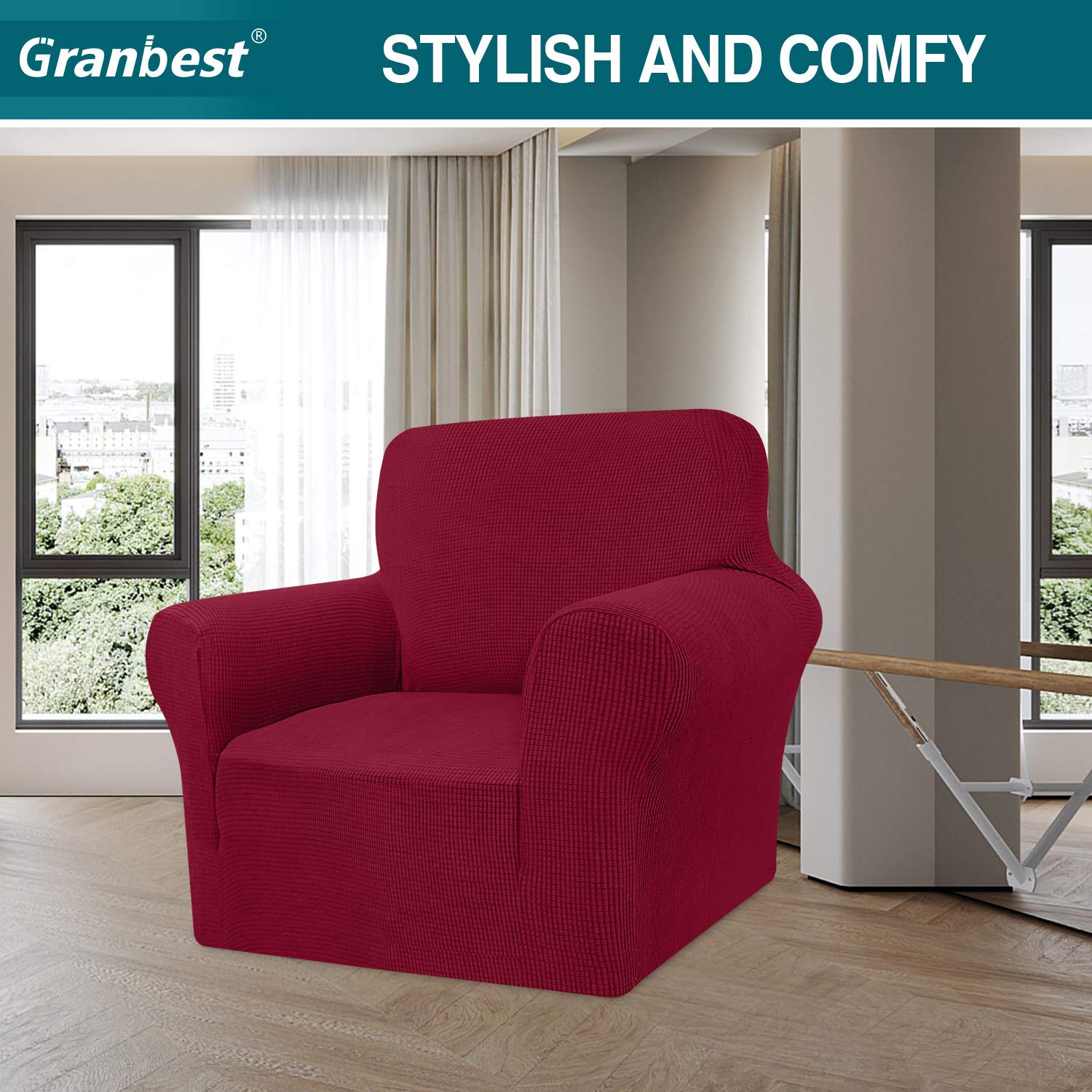 Granbest, copridivano Elasticizzato ad Alta Elasticità, Moderna, in Jacquard, per Soggiorno, Protezione per Cani e Animali Domestici (1 Posto, Rosso Vino)