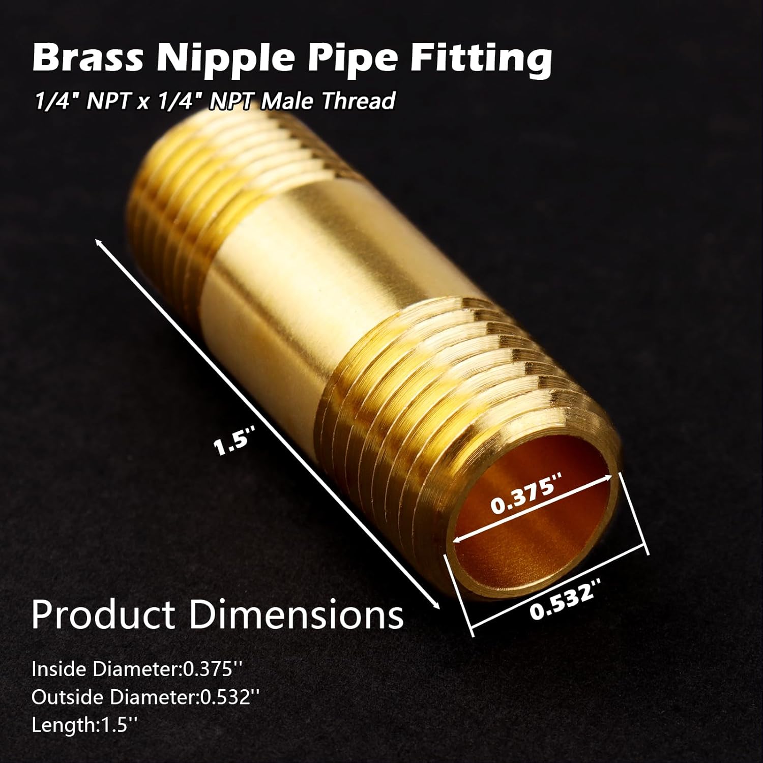 1/4" Brass Nipple Pipe Fittings,1/4" NPT x 1/4" NPT Male Thread Extender Straight Connector, 1-1/2" Length 1200psi (2 Pack)