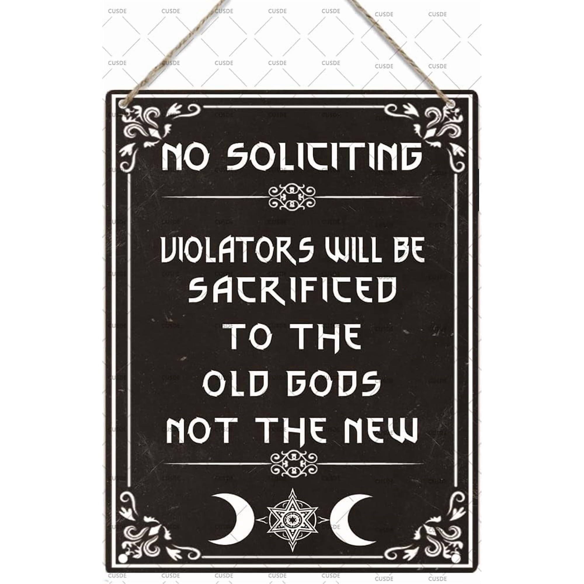 2 Pack No Soliciting Wood Signs for Home Violators Will Be Sacrificed To The Old Gods Not The New Funny Black Wooden Poster Gothic Decor Halloween Decorations Outdoor 8x12 inch