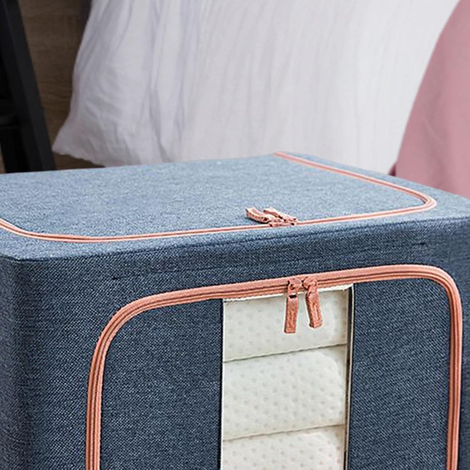 Foldable Clothes Storage Bag, 66L Sturdy Zipper Clear Window Reinforced Container for Bedding Clothing Toys (Navy)