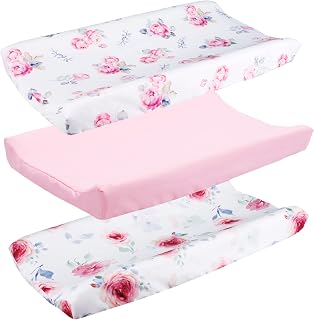 3 Pack Microfiber Soft Changing Pad Cover, with 2 Considerate Safety Belt Holes, Durable Diaper Change Table Sheet Set for Baby Boys Girls, 16''x32''x8'', Floral Purple & Pink & Pink Rose