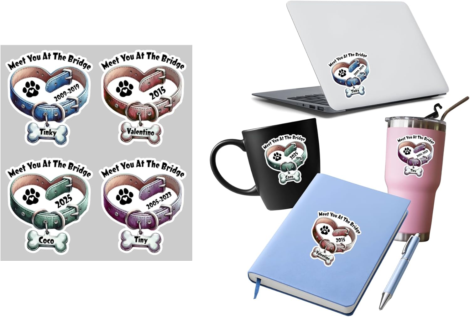 Custom Pet Memorial Stickers, Meet You at The Bridge, Personalized Dog Collar Design with Paw Print and Bone Tag, 3.89 x 3.5 Inch, Waterproof, 4 Pack
