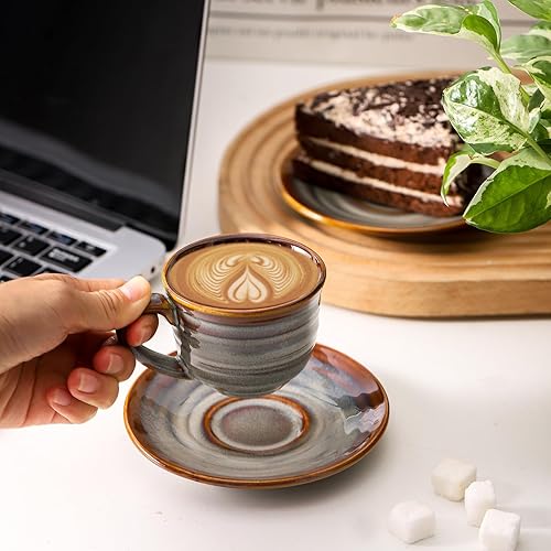 Miniatura 6 de Hasense Tazas de café expreso con platillos, juego de 4 tazas de café espresso pequeñas de cerámica de 4 onzas, juego de tazas de capuchino, tazas