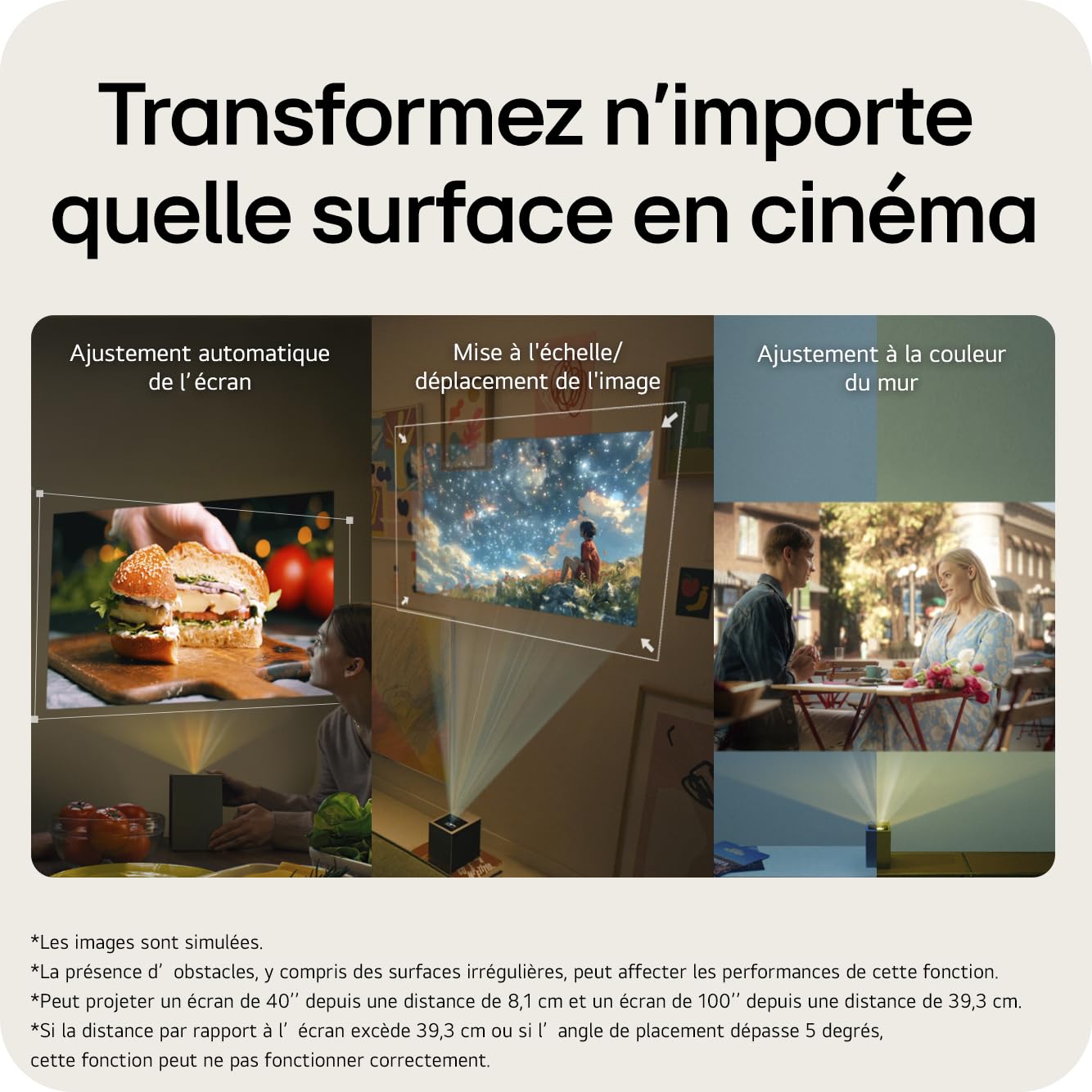 LG CineBeam S Vidéoprojecteur Laser PU615U Focale Ultra Courte pour Home Cinema, 500 lumens ANSI, 4K UHD 100 Pouces 2160p, Projection Entre 40" ~100", LG Smart webOS 24, Bluetooth 5.0, Dolby Atmos