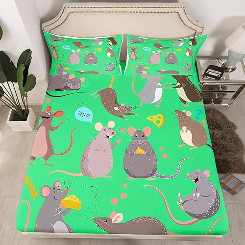 Miniatura 2 de Erosebridal Sábana bajera ajustable de rata, juego de ropa de cama Kawaii de roedores tamaño Queen para niños, niñas y mujeres, sábana bajera
