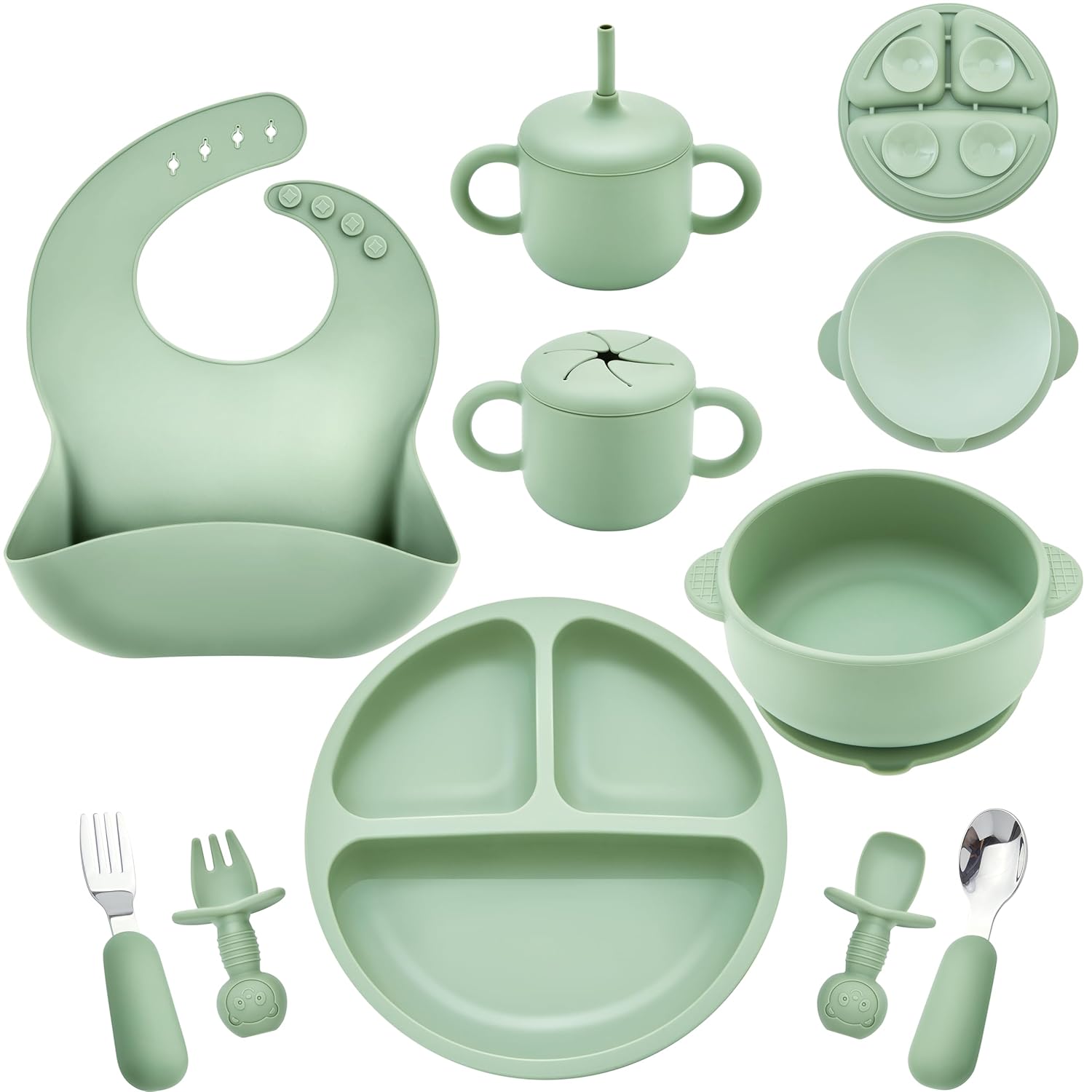 Silicone Baby Feeding Set, Baby Led Weaning Supplies, Eating Essentials Utensils with Suction Plate and Bowl, Pocket Bib, Sippy Cup with Lid, Forks Spoons Snack Container, for 6+ Months, Green Silicone Baby Feeding Set, Baby Led Weaning Supplies, Eating Essentials Utensils with Suction Plate and Bowl, Pocket Bib, Sippy Cup with Lid, Forks Spoons Snack Container, for 6+ Months, Green