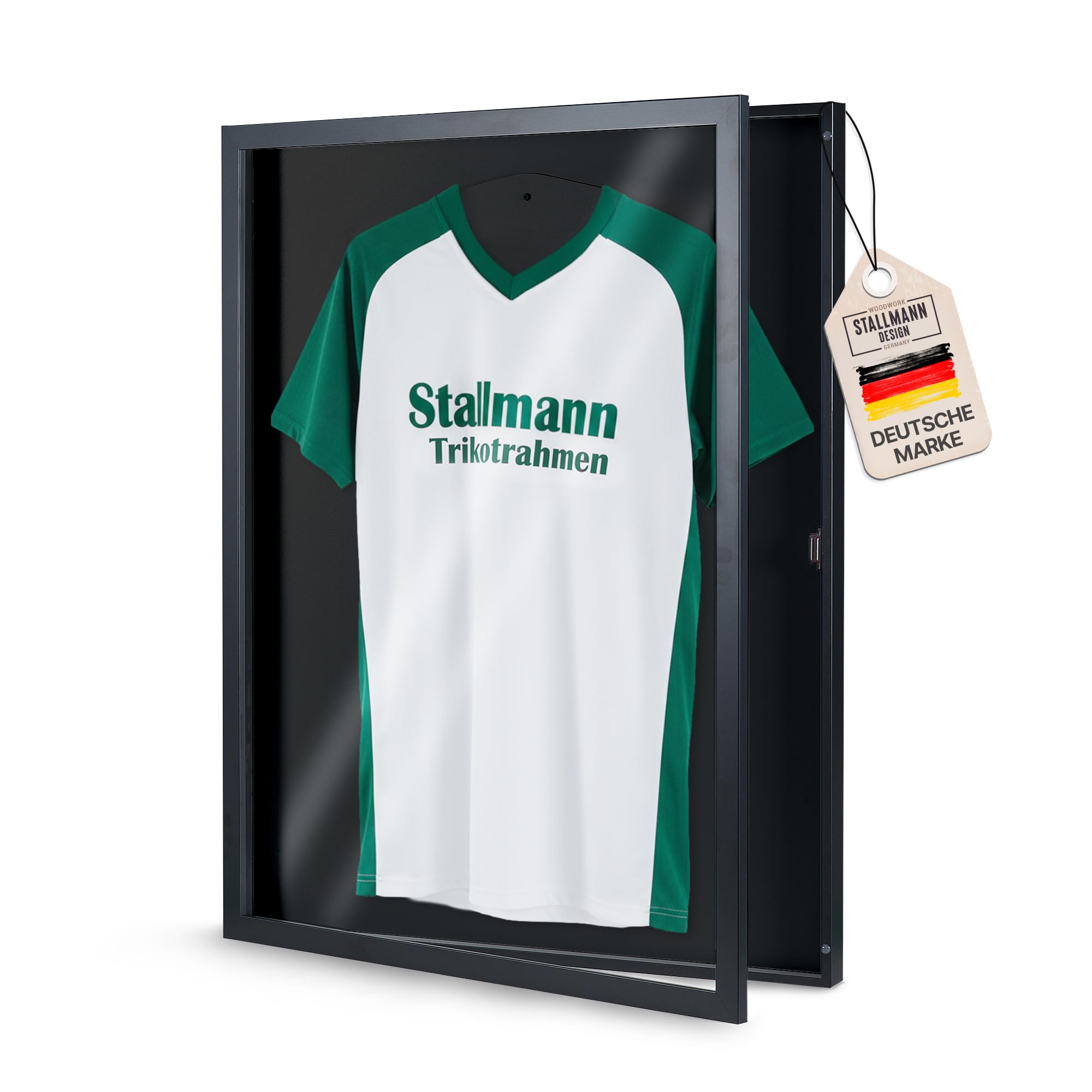 Trikotrahmen 'Easy Click & Fill' mit Tür | Rahmen-Farbe: Schwarz | Hintergrund: Schwarz | Größe: 70 x 90 cm | hochwertige und leicht zu befüllende Vitrine für Trikots