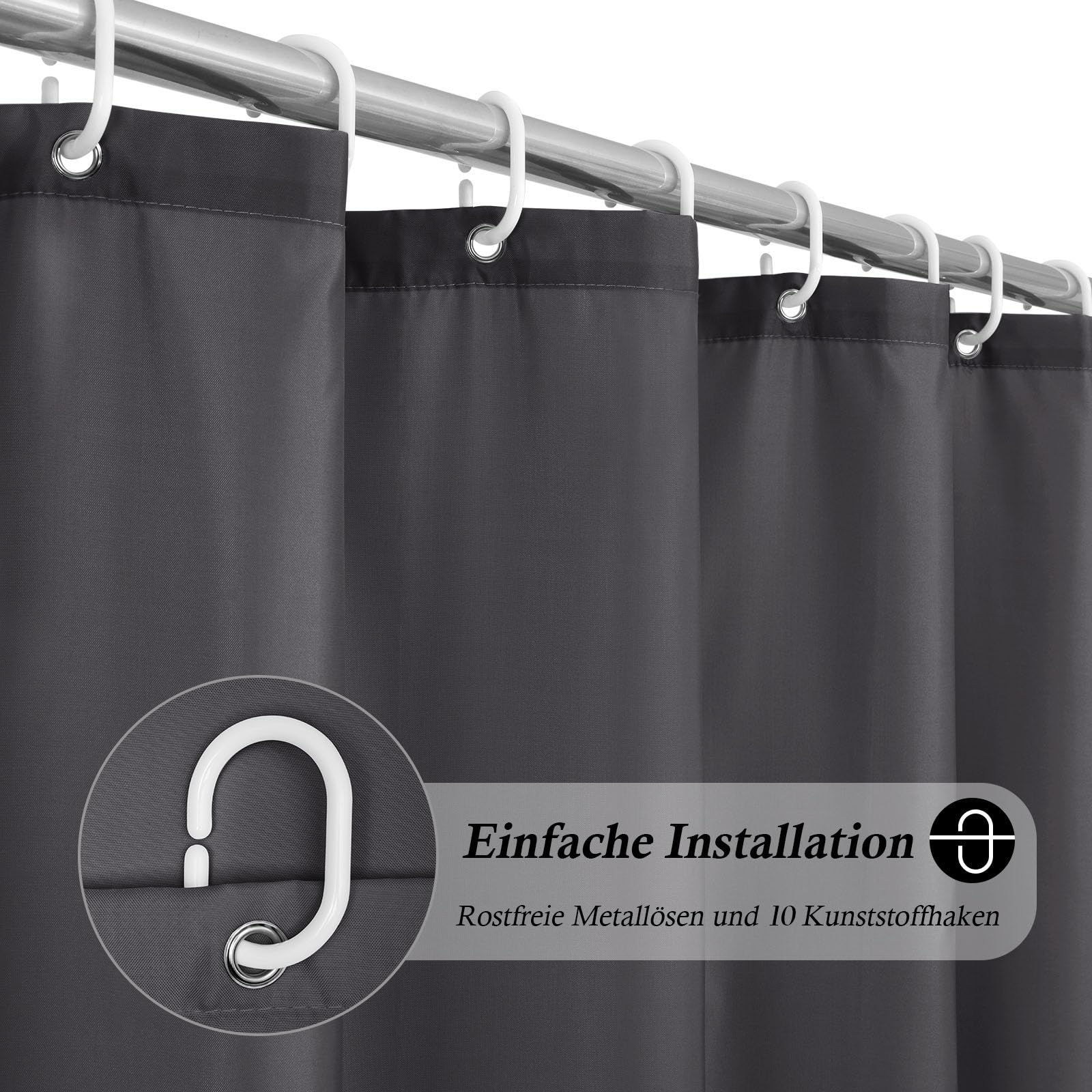 EurCross Cortina de ducha de 150 x 180 cm, tela textil estrecha, cortina de baño para baño, resistente al agua y se seca rápidamente, gris oscuro, antimoho, lavable, cortina de ducha con 10 anillas
