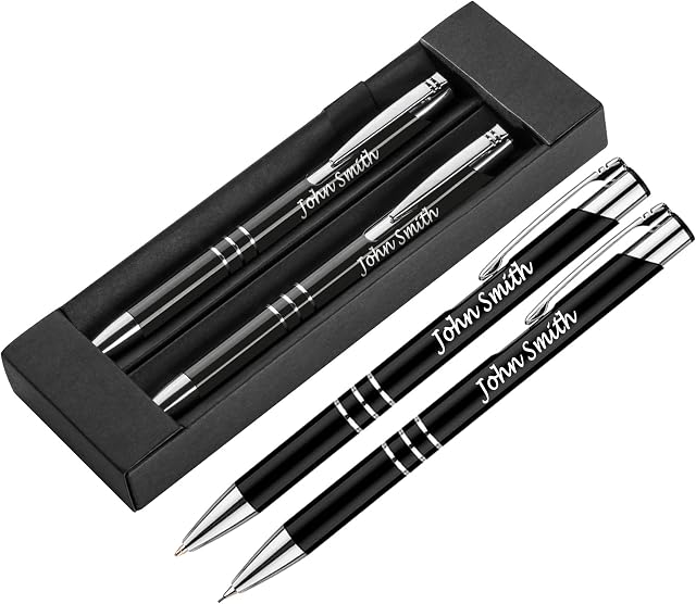 Personalised Engraved Black Pen & Pencil Set Gift Boxed Personalised Gifts For Anniversary, Gift Idea, Gifts For Men and Women - Enter Your Custom Text