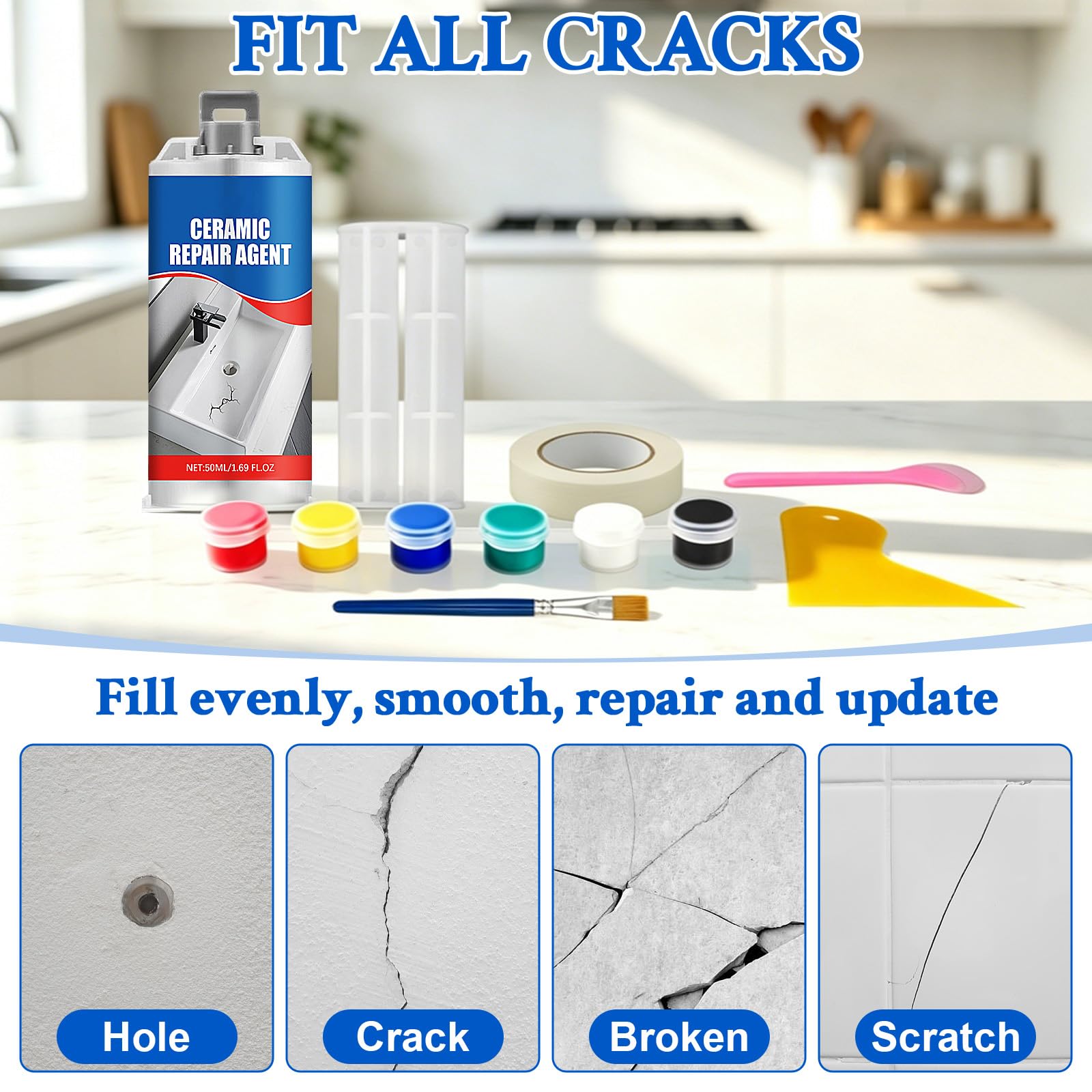 Juego de Reparación de Esmalte 50 ml,Kit Reparacion Baldosas, Adecuado para Grietas, Agujeros y Arañazos en Azulejos, Lavabos, Bañeras y Mármol
