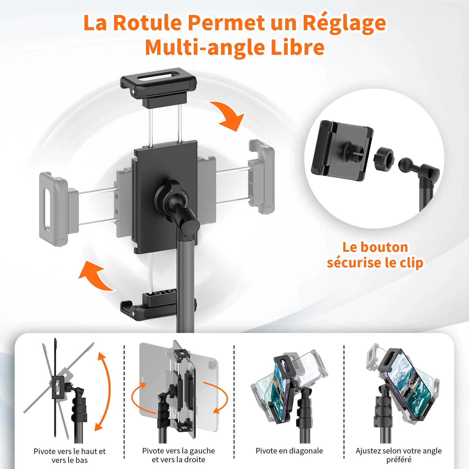 XXZU 182CM Support de Trépied pour Tablette, Trépied pour Téléphone Rotatif à 360° Support Tablette Lit Réglable en Hauteur Pliable pour Regarder/Diffuser en Direct Compatible avec Tablette Téléphone