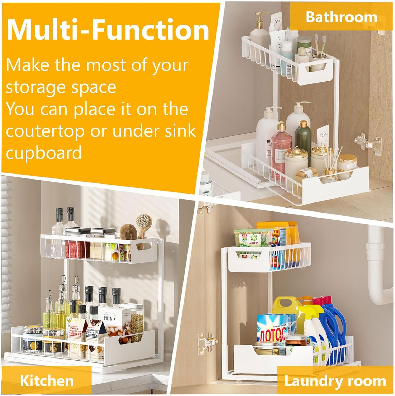 Ceetug Under Kitchen Sink Organizers and Storage Pull Out 2 Tier Metal Bathroom Cabinet Organizer (White, 2 Pack)