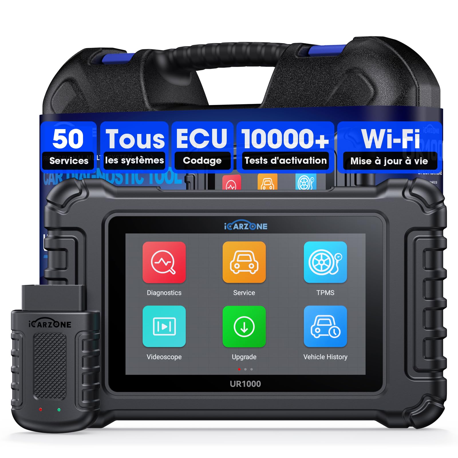 UR1000 Valise Diagnostic Auto Bluetooth, Diagnostic Voiture Multimarque pour Tous les Systèmes, 50 Services d'Entretien, Test d'Activation, Codage ECU, Programme TPMS, CANFD, Mise à Jour WiFi