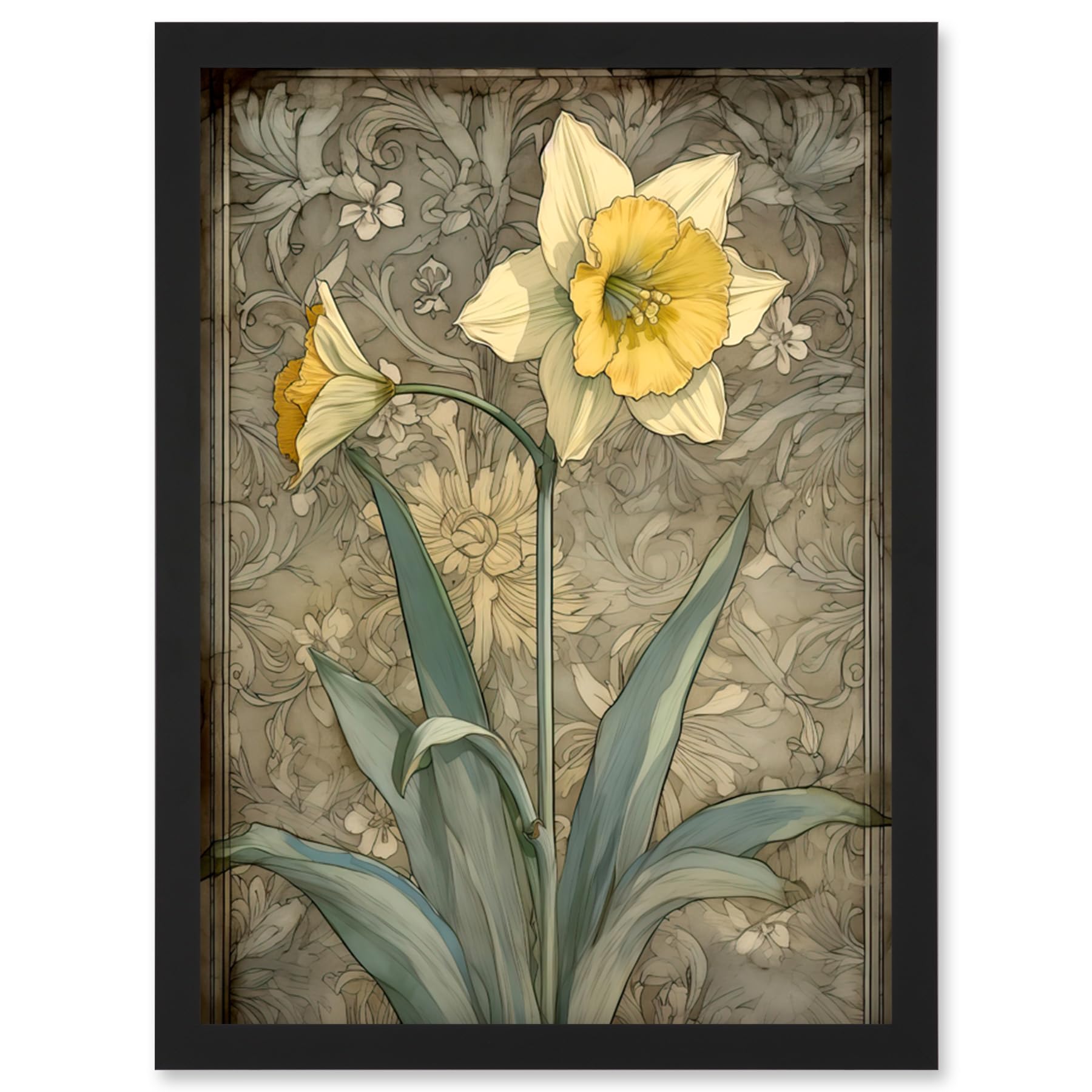 Artery8 Daffodil Flower Pastel Watercolour Art Nouveau Artwork Framed Wall Art Print A4