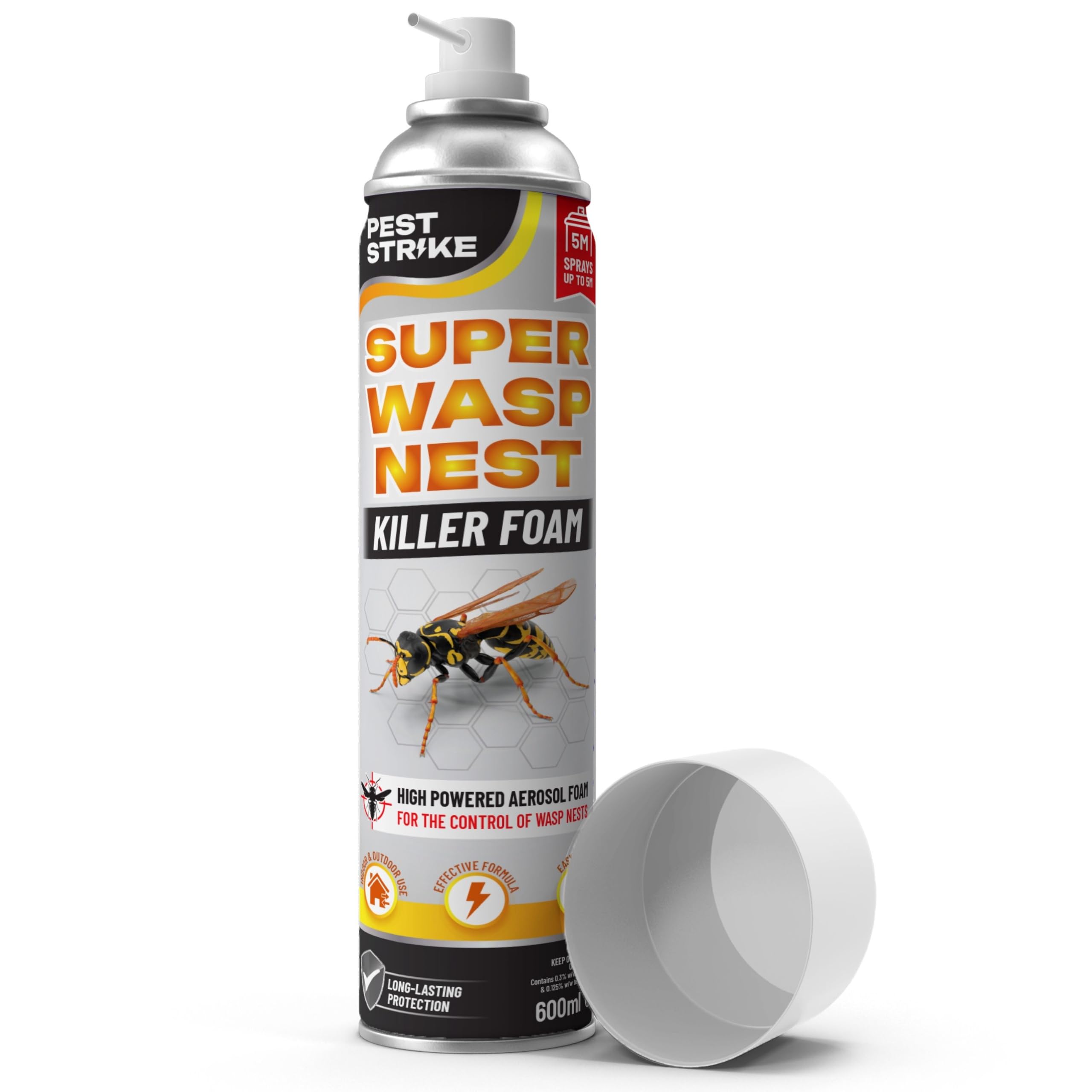 Wasp & Hornet Nest Destroyer Foam Spray 600ml – Clinging Foam Targets Nest Entrances from Over 2 Metres – Fast-Acting Permethrin Aerosol – Indoor & Outdoor Use