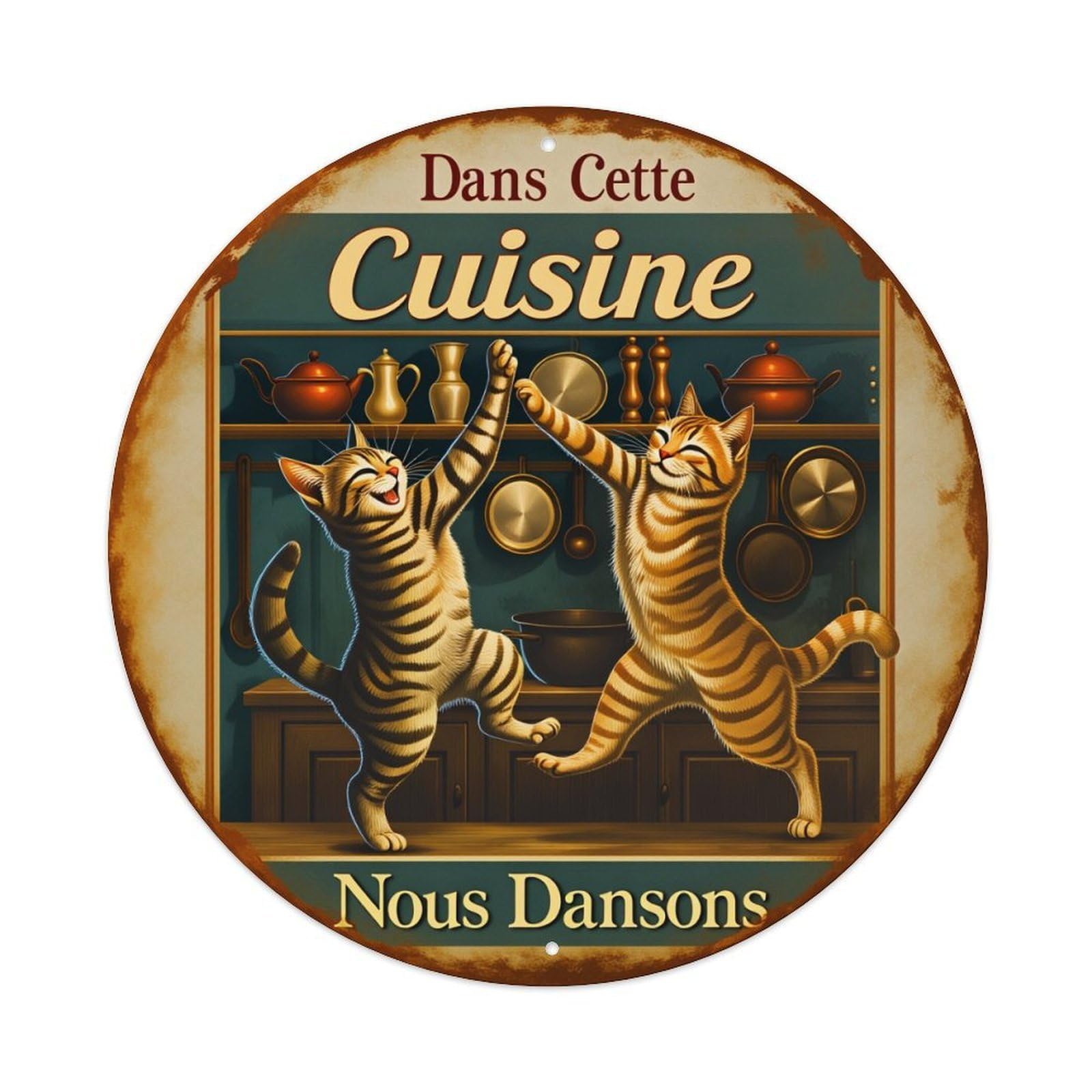 Dancing Cats Kitchen Scene Art Round Tin Sign Vintage Style Metal Sign Home Bar Garden Wall Plaque Decor Metal Poster 8x8 Inch