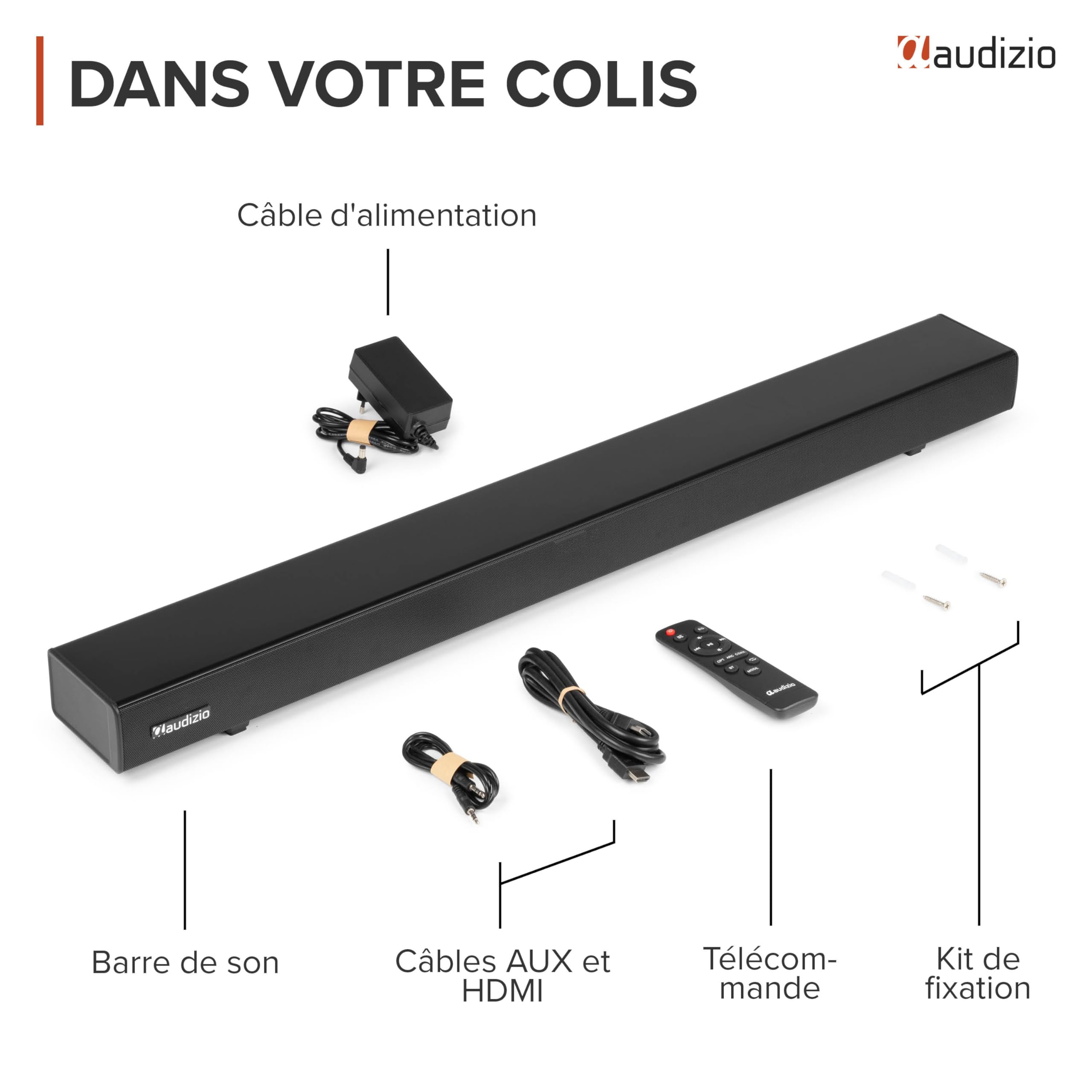 Audizio SB95 Soundbar TV Bluetooth 5.3 HDMI Arc 120W 88 cm Optique Coaxial USB AUX 2 Mini Subwoofers Intégrés