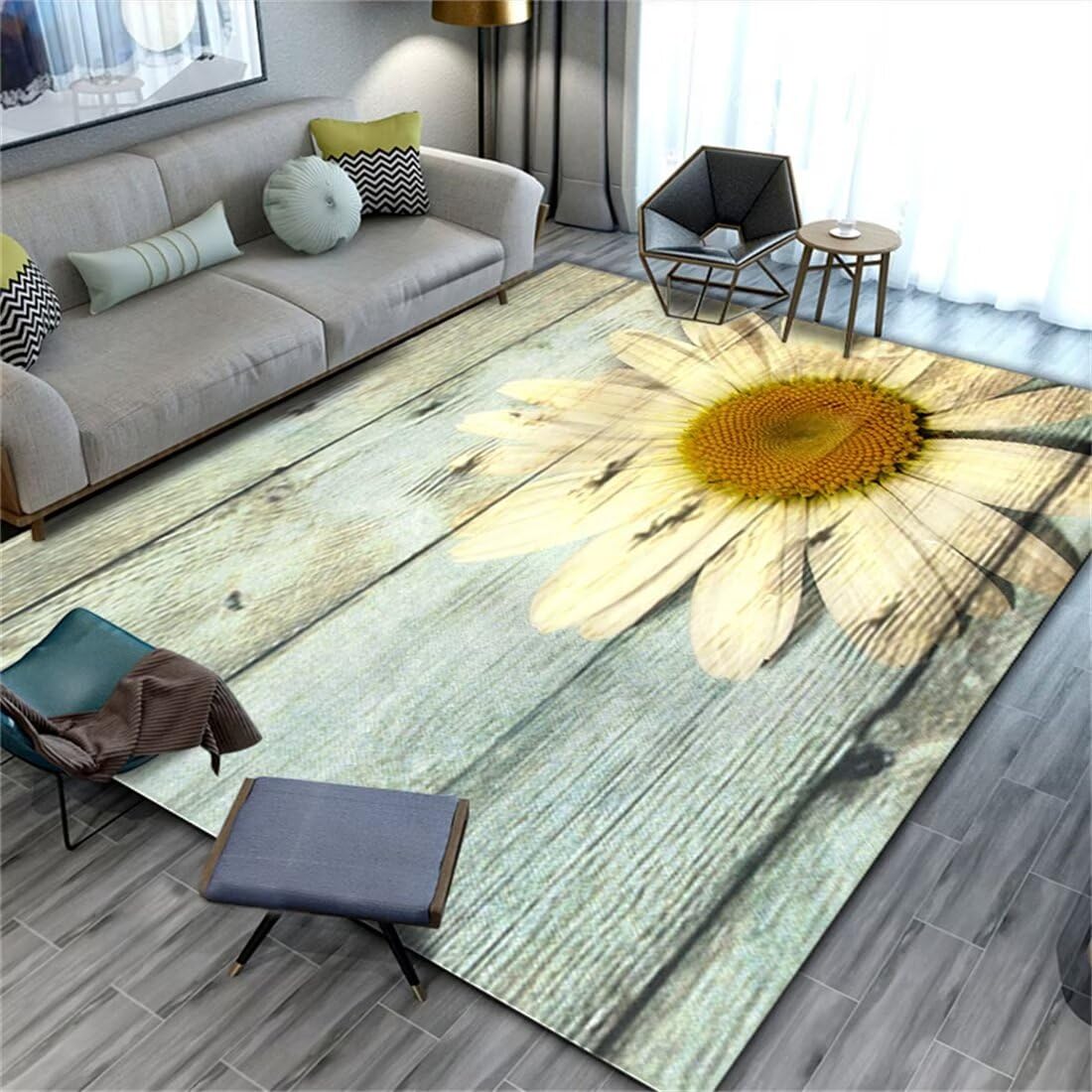 Tapis deveil bébé lavable 130x190cm bleu et jaune déco tournesol
