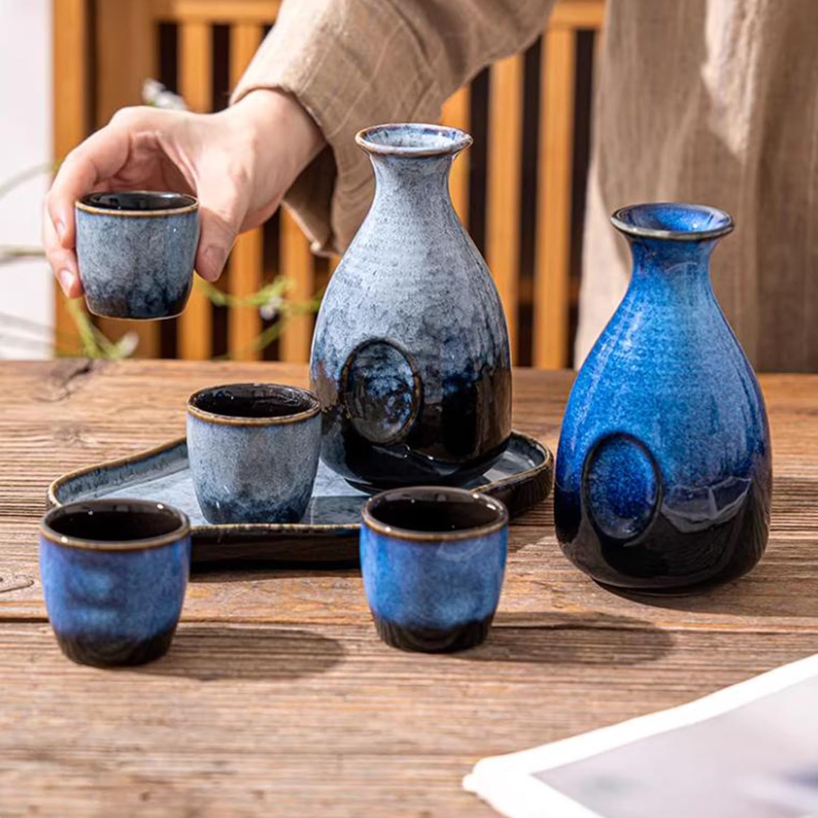 Vnook Japanisches Sake-Set,handgefertigten Weingläsern aus Keramikmaterialien,für kalten Sake, warmen Sake, Shochu und Tee(Blue)