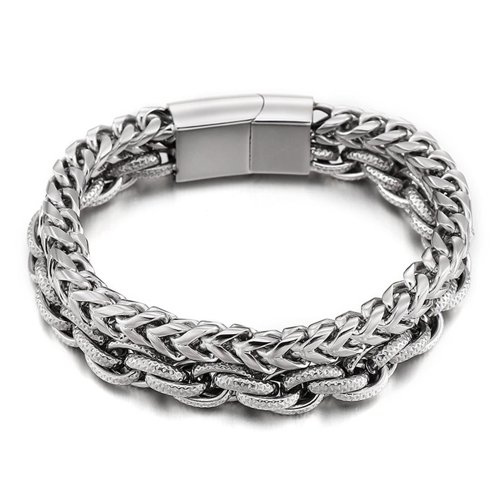 Bijoux Bracelet Homme Argent， Bracelet Cuir Homme Double Boucle Tressée Et Noeud Acier Inoxydable Bracelet 190X13mm