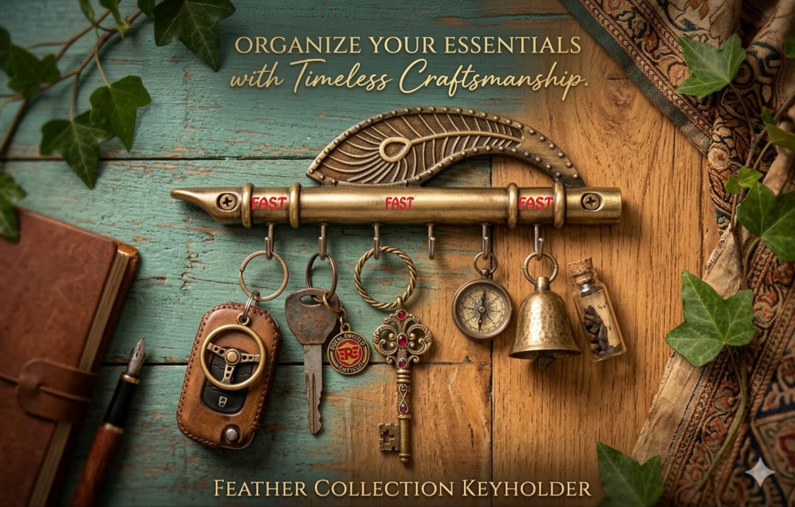 FAST KH12 Brass Antique Peacock Quills Key Holder for Wall, Key Hanging for Wall, Key Hangers Hook for Home Decor with 6 Hang Hooks 1pcs 4