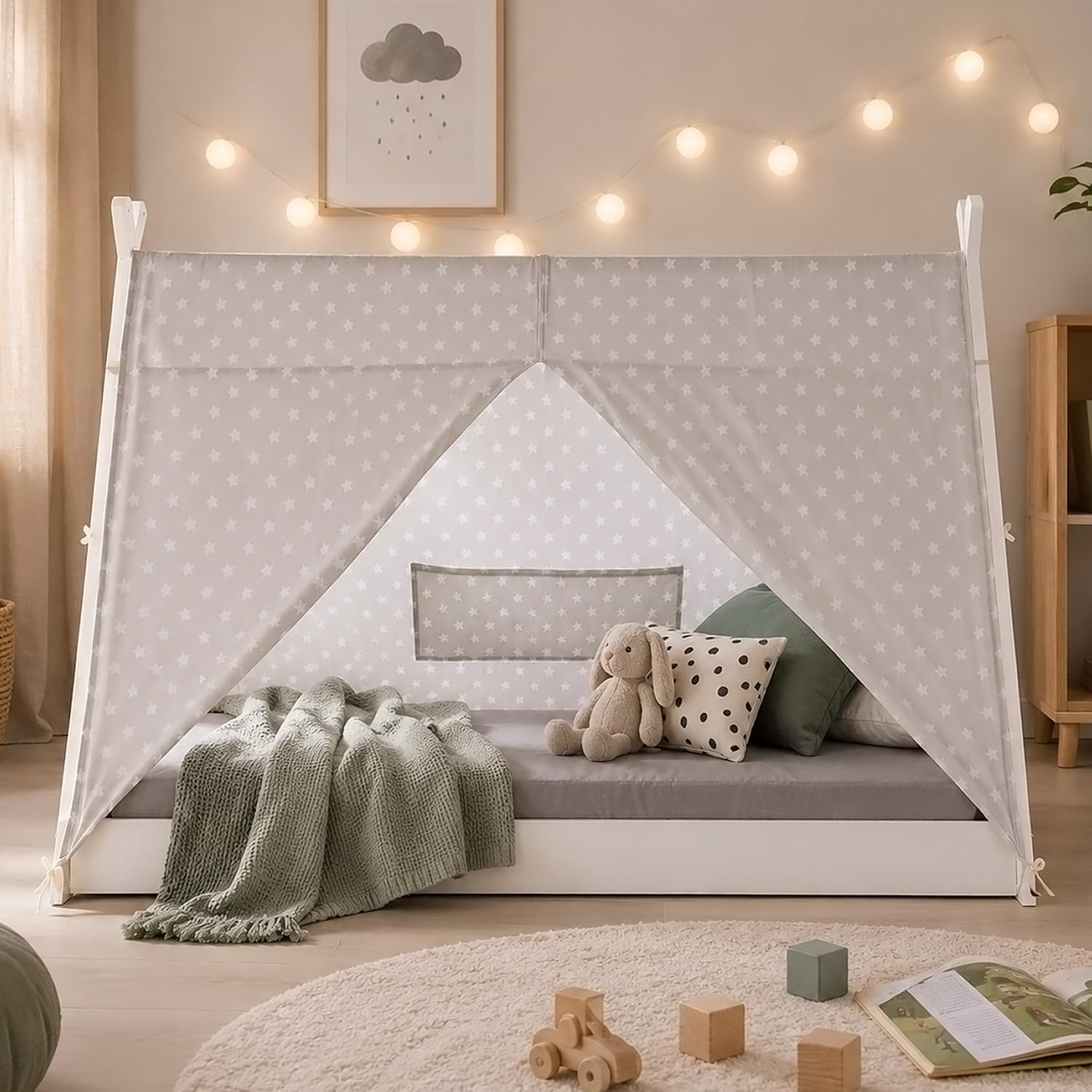 Homestyle4u Tipibett Kinderbett 90x200 Bodenbett mit Sternenzelt | Montessori Holzbett für Kinder, Kiefernholz weiß, abnehmbares Baumwollzelt grau mit Sternen, inkl. Lattenrost