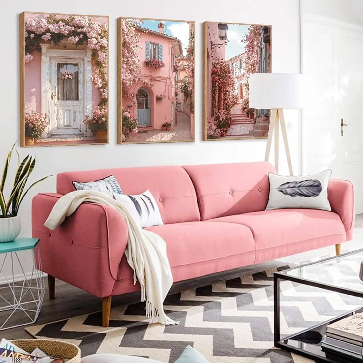 Gosrd Frameless Canvas Prints Retro Urban Landscape Wall Art Pink Flower Street Romantic House Decoration(40X55cm-3Pcs)