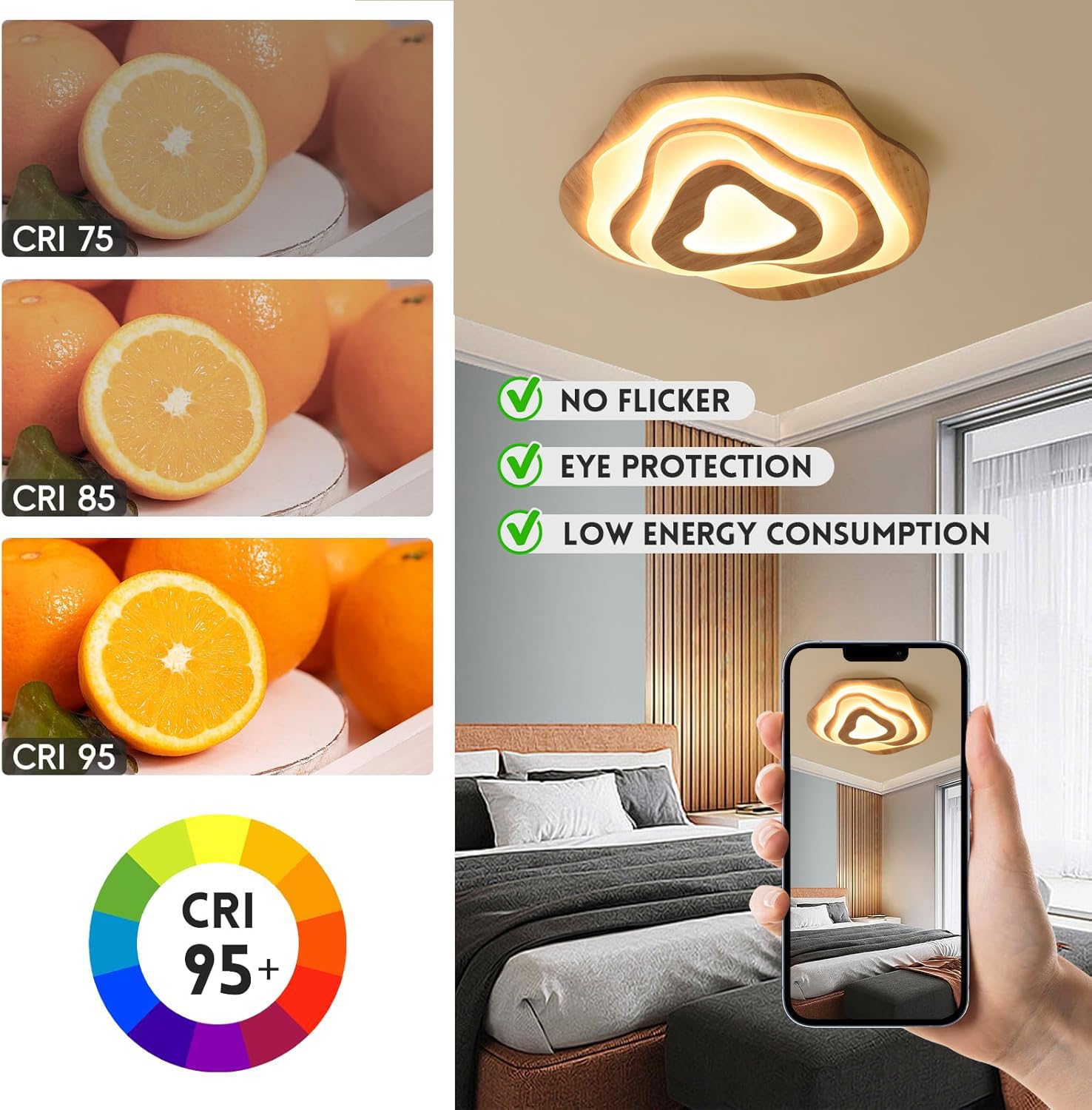 LED Deckenlampe Holz Dimmbar Wohnzimmer Deckenlampe mit Fernbedienung, 60cm | 50W Wohnzimmerlampe Schlafzimmerlampe aus Holz+Acryl, Mit Nachtlicht Memory-Funktion Holzlampe , für Esszimmer, Kinderzimmer