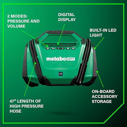 Miniatura 7 de Metabo HPT Inflador de doble función inalámbrico multivoltios de 18 V, inflador de aire portátil con modos de alta presión y alto volumen, presión