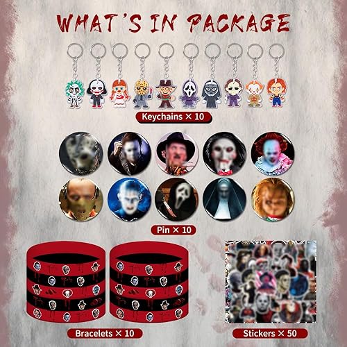 Miniatura 2 de DtoiZrbs Recuerdos de fiesta de terror, juego de 80 piezas de suministros de fiesta temática de terror que incluye 10 pines de botón, 10 llaveros,