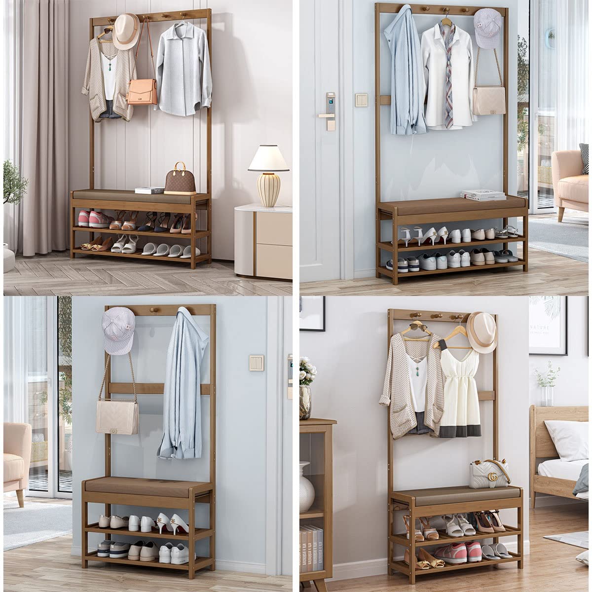 Garderobenständer aus Bambus, Bank mit Schuhablage, 3-in-1-Design für Garderobenständer, Kleiderbügel und Bank, Kombination, 50 cm Größe