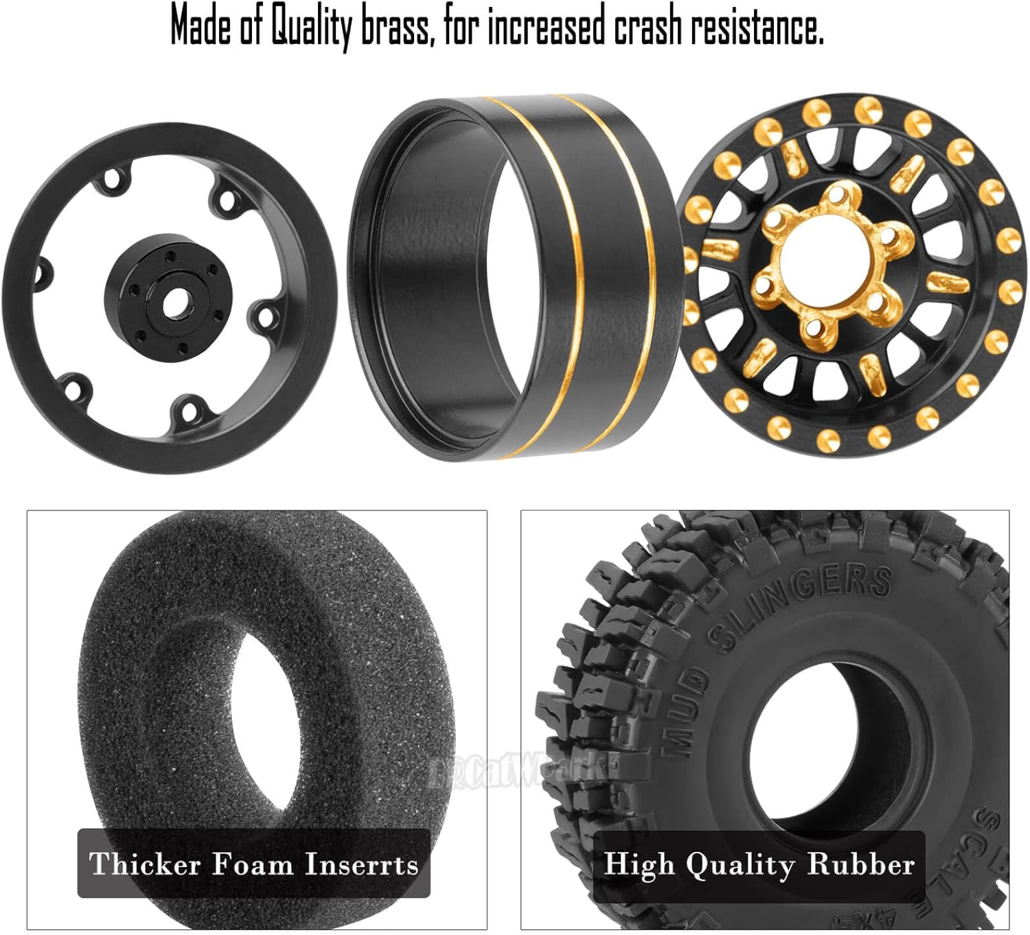 Brass 1.0 Beadlock Wheels Tires for RC Crawler Car 1/18 TRX4M,1/24 SCX24,RC Brass 1.0 in Truck Tires,7mm Hex Wheels Rims and Rubber Tires w/Sponge,4pcs