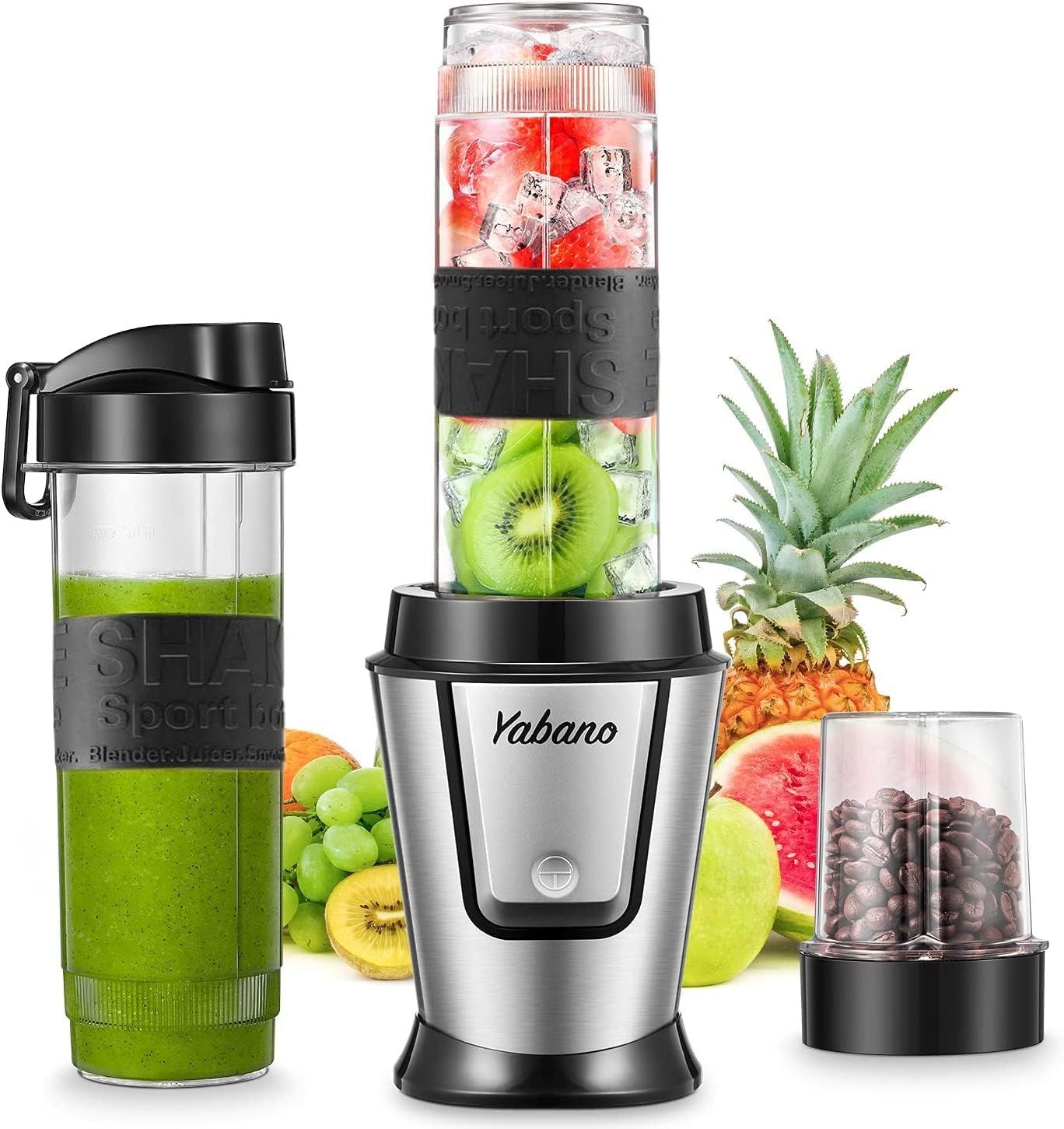 Personal Blender, Electric Shake Bottle with 2 x 20oz Travel Bottle and Coffee/Spices Jar, Portable Shaker Cups for Protein Shakes, 500W Single Serve Blender for Shakes and Smoothies, Sports(Black)