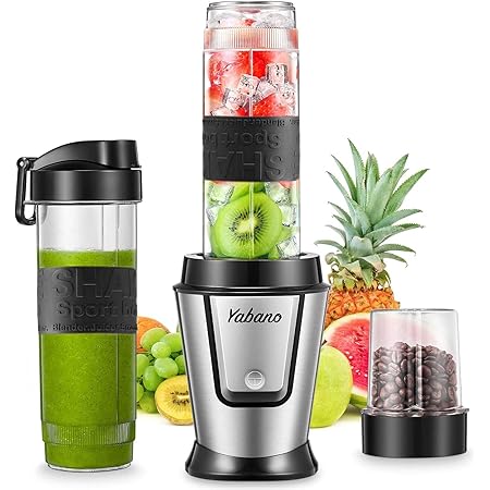 Personal Blender with 2 x 20oz Travel Bottle and Coffee/Spices Jar, Portable Smoothie Blender and Coffee Grinder in One , 500W Single Serve Blender for Shakes and Smoothies, BPA free, by Yabano (Black)