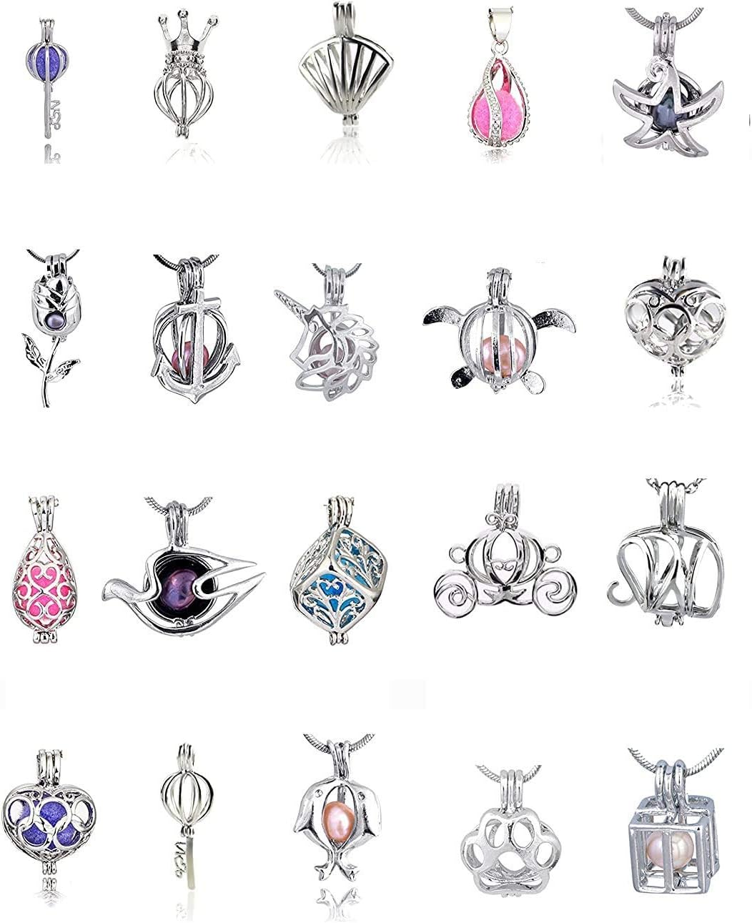 CHERRI WAVE 20 Pieces Mixed Shape White Gold Plated Pearl Bead Cages Pendants for Jewelry Making/Essential Oil Scent Diffuser Locket Pendant with Storage Box and Colorful Diffuser Cotton Pom Poms
