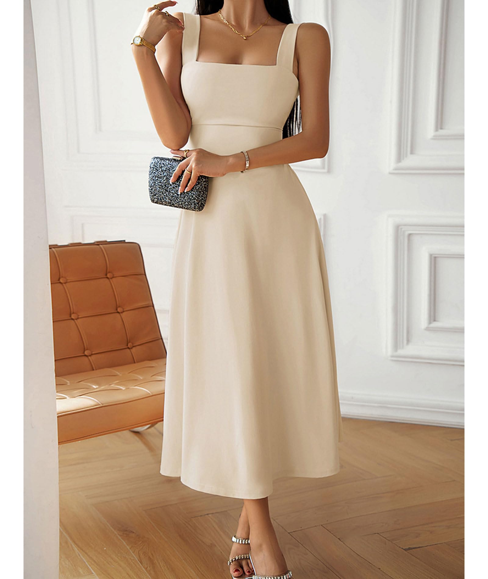xxxiticat Abito da donna elegante midi 2024 casual, senza maniche, scollo quadrato, linea ad A, abito da cocktail