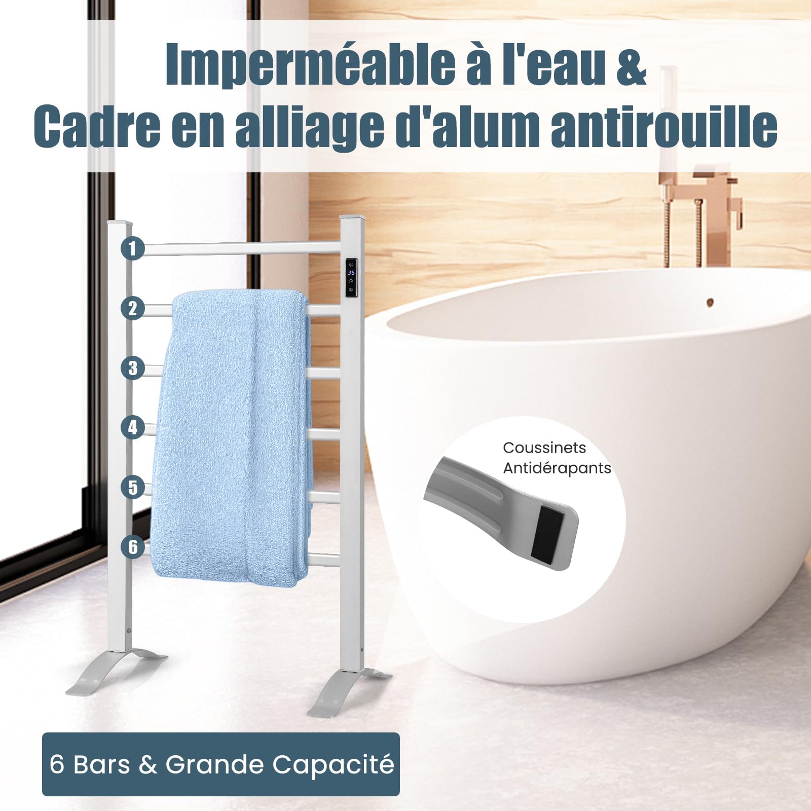 RELAX4LIFE Sèche-Serviettes Électrique 105W avec 6 Barres, Chauffage Porte-Serviettes 30℃-60℃ Mural/sur Pieds, Radiateur Électrique pour Serviettes en Aluminium avec Minuterie Protection Surchauffe