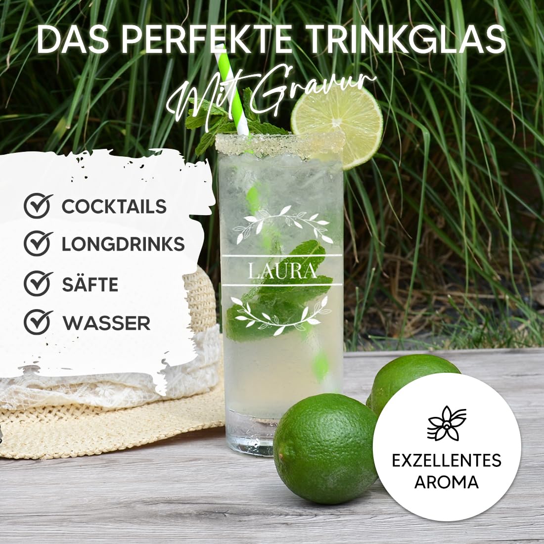 polar-effekt Longdrink Cocktailgläser 6er Set 485 ml mit Gravur - transparente Trinkgläser - Geschenk zum Geburtstag - ideal für Bier, Wasser, Saft und Drinks
