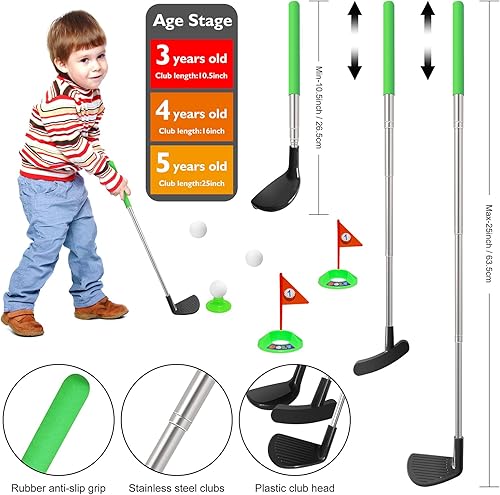 Miniatura 6 de Juego de palos de golf para niños, palos de golf retráctiles para niños pequeños, 3 palos con pelotas de práctica, copas y postes de bandera, juego