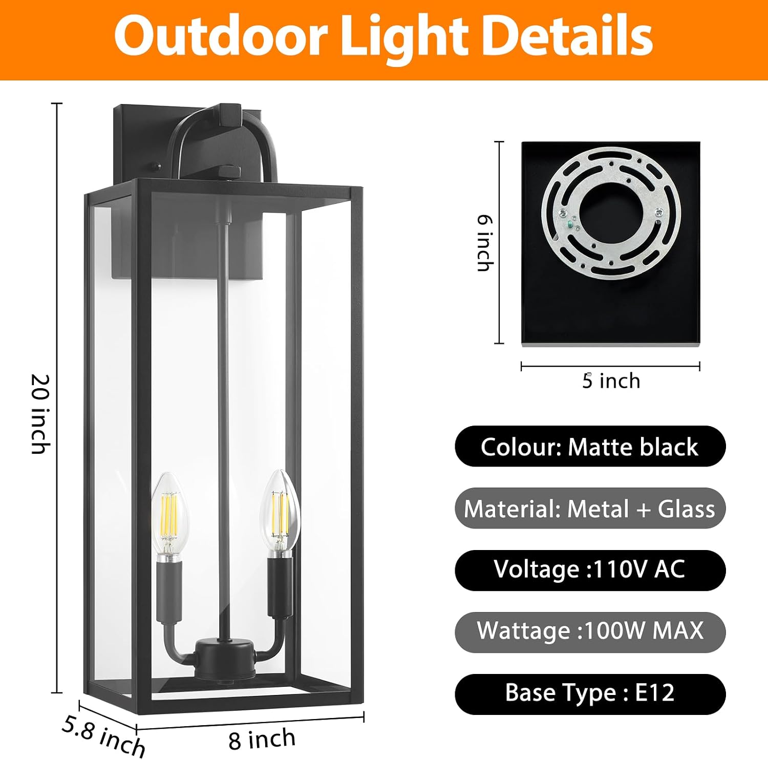 20In Outdoor Light Fixture, E12 Outdoor Wall Sconce, Waterproof Exterior Light Fixtures for Homes, Modern Front Porch Lights with Clear Glass for Front Door, Coach House, and Garage, 2Pack